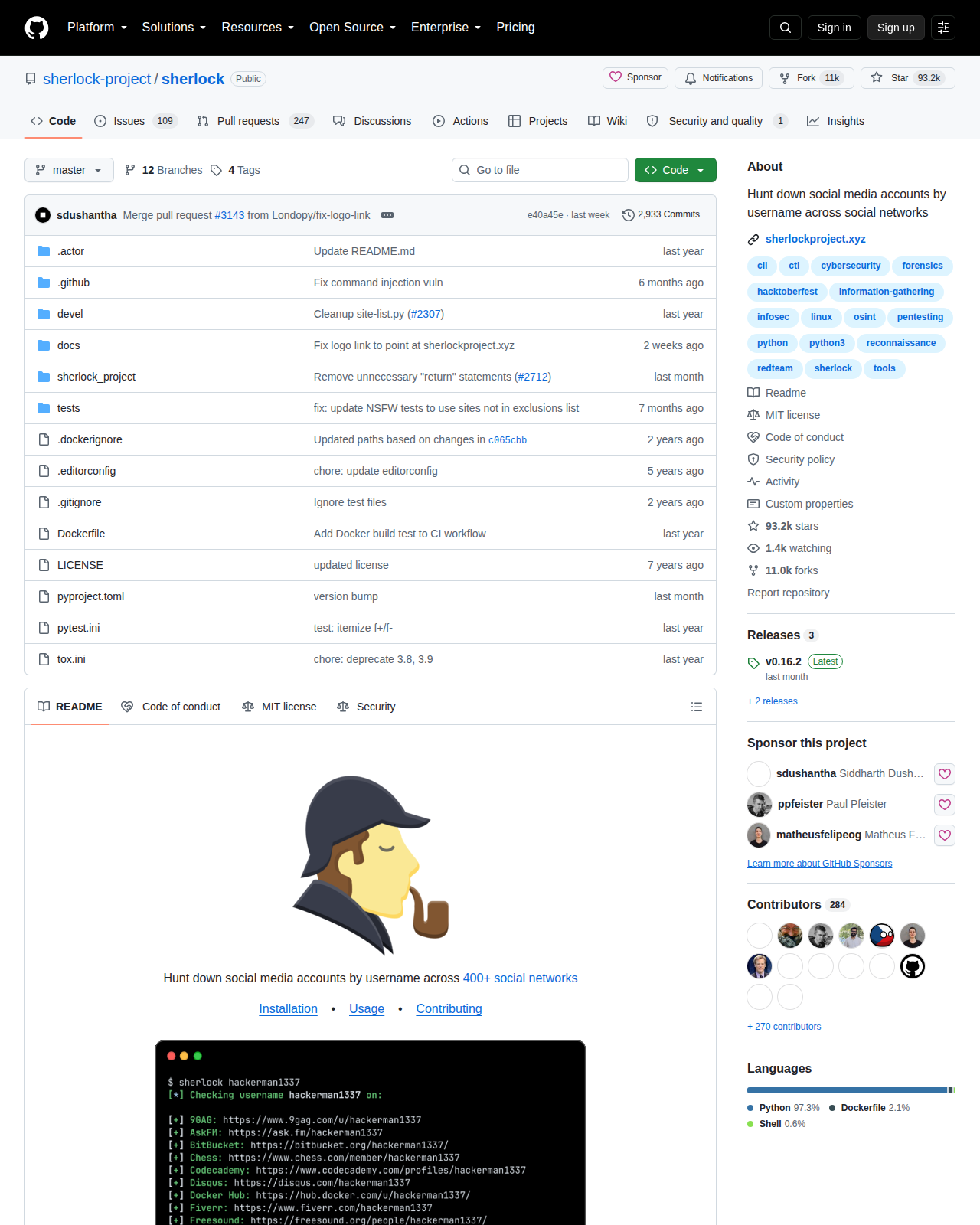 Sherlock 的 GitHub 儲存庫首頁頂部,顯示專案名稱 sherlock-project/sherlock、主要語言 Python、93,217 顆星標與 MIT 授權標示