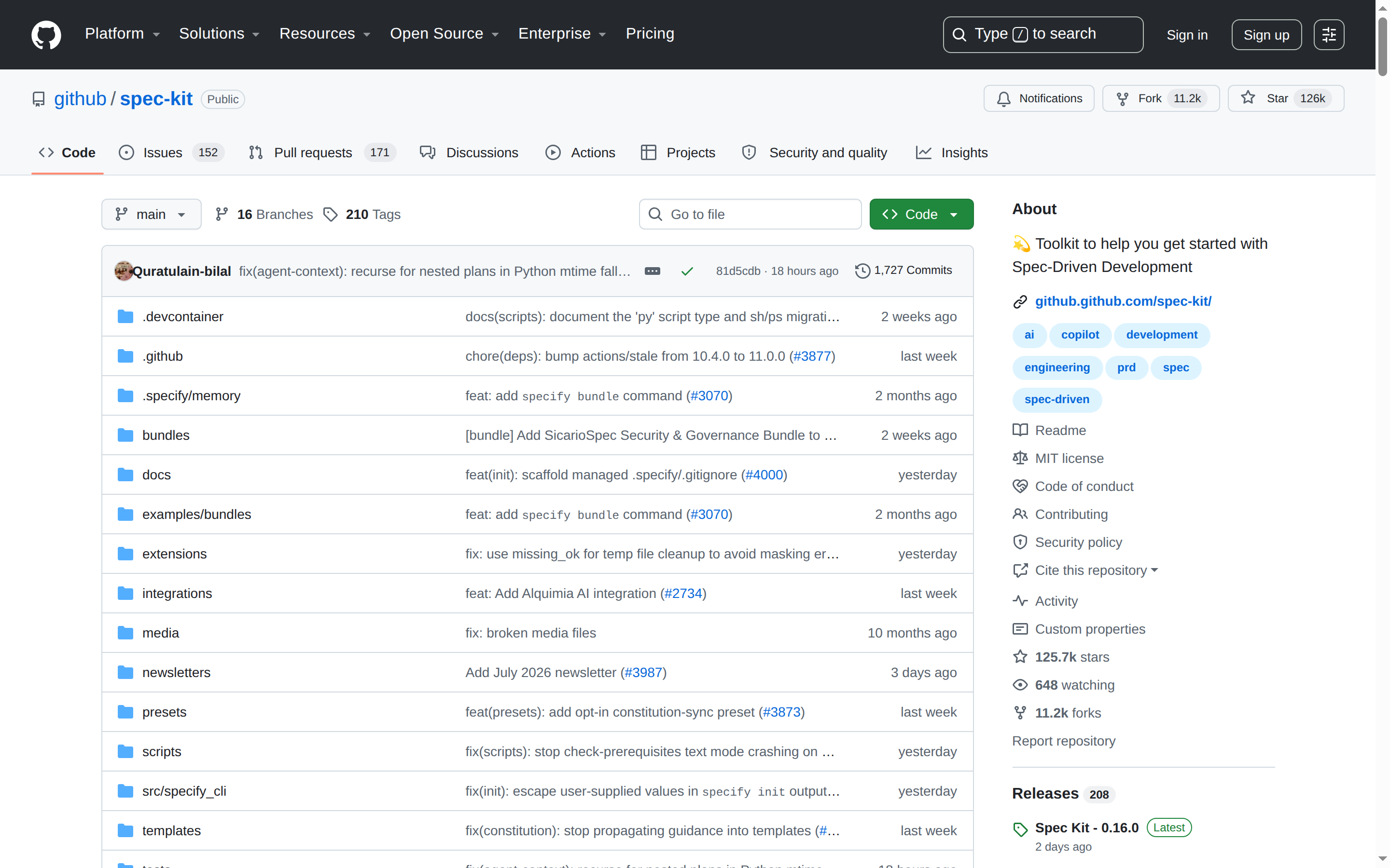 Spec Kit GitHub 主頁(repo 名 + 126k stars + 項目描述)