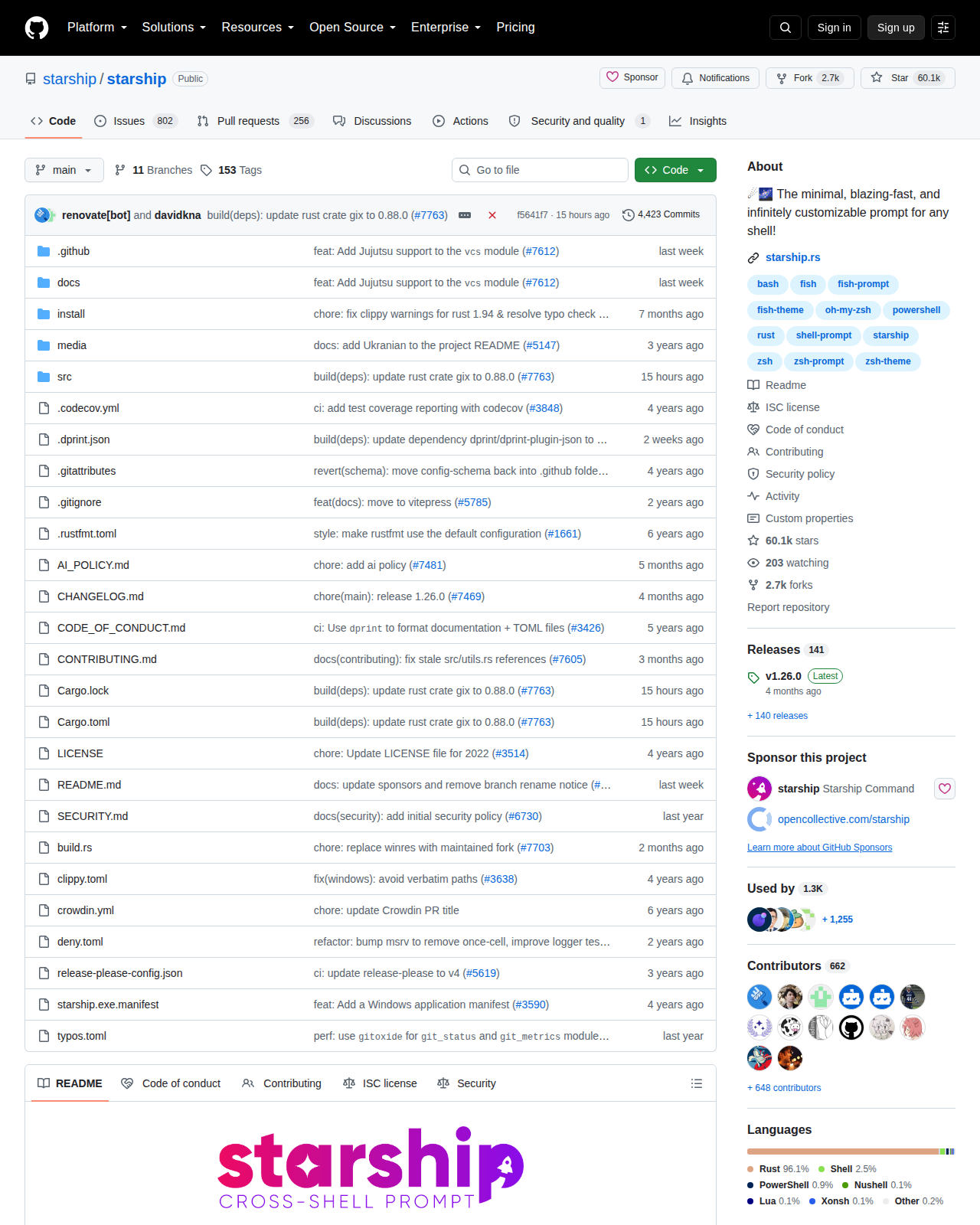 starship 的 GitHub 儲存庫首頁頂部,顯示專案名稱 starship/starship、主要語言 Rust、星標數與 ISC 授權標示