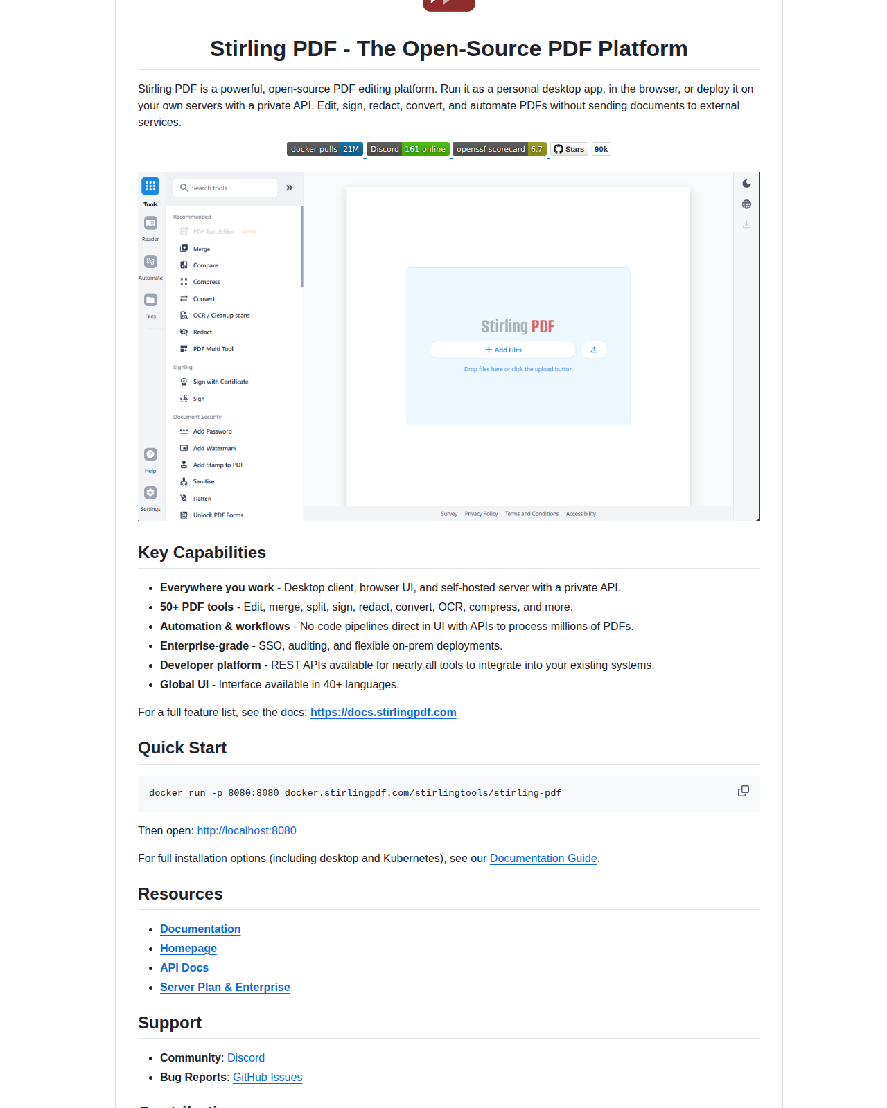 Stirling-PDF README 開頭(項目名稱「Stirling PDF - The Open-Source PDF Platform」+ 簡介「powerful, open-source PDF editing platform」+ Docker Pulls 與 Discord 等徽章)