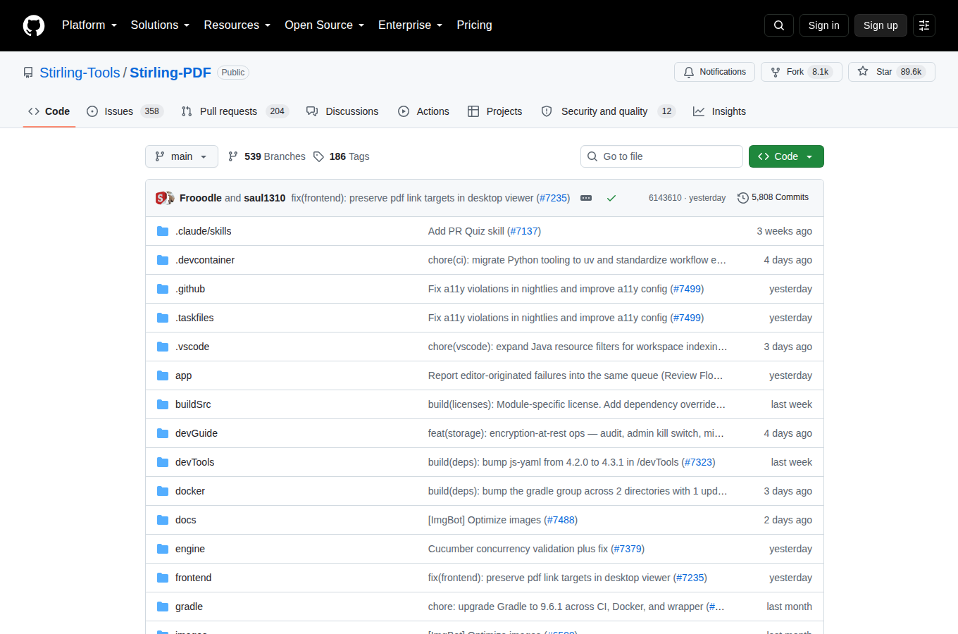 Stirling-PDF GitHub 首頁頂部(repo 名稱「Stirling-Tools / Stirling-PDF」+ 89.6k 星標 + 8.1k Forks + 描述「#1 PDF Application on GitHub」+ 主要語言 Java + 授權標籤)