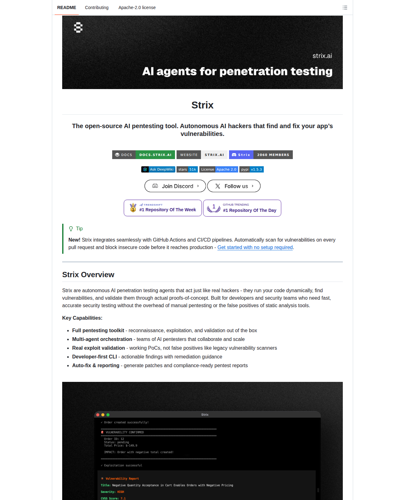 Strix README 開頭(項目名稱「Strix」大標題 + 標語「The open-source AI pentesting tool. Autonomous AI hackers that find and fix your app's vulnerabilities」+ 官方網站與文件連結徽章)