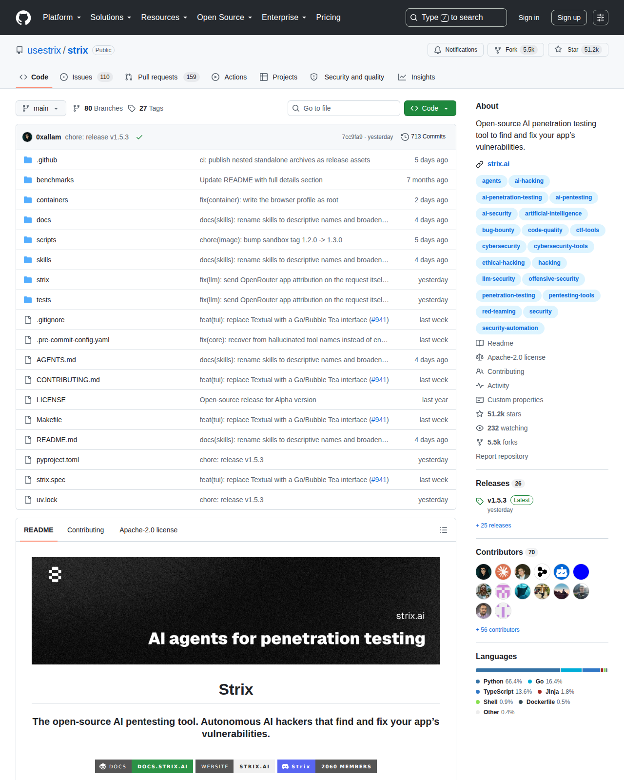 Strix GitHub 首頁頂部(repo 名稱「usestrix/strix」+ 51.2k 星標 + 5.5k Forks + 描述「Open-source AI penetration testing tool to find and fix your app's vulnerabilities」+ Apache-2.0 許可標籤)