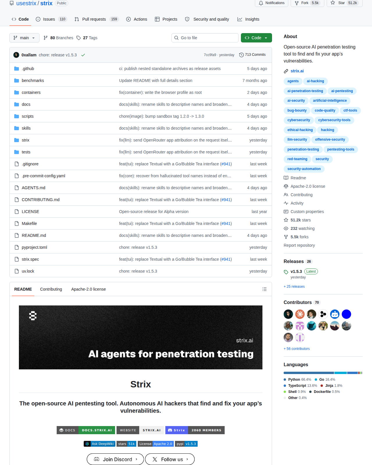 Strix 儲存庫統計頁(「Contributors」標題 + 70 位貢獻者頭像 + Python 66.4%、Go 16.4% 等語言佔比分布,顯示項目的開發規模與技術棧)