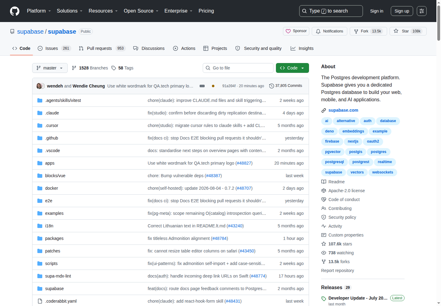 Supabase GitHub 主頁(repo 名 + 108k stars + 項目描述)