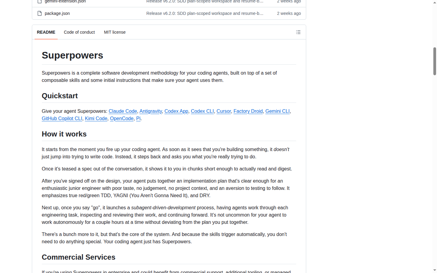 Superpowers README 開頭(項目名稱 H1 與定位描述)