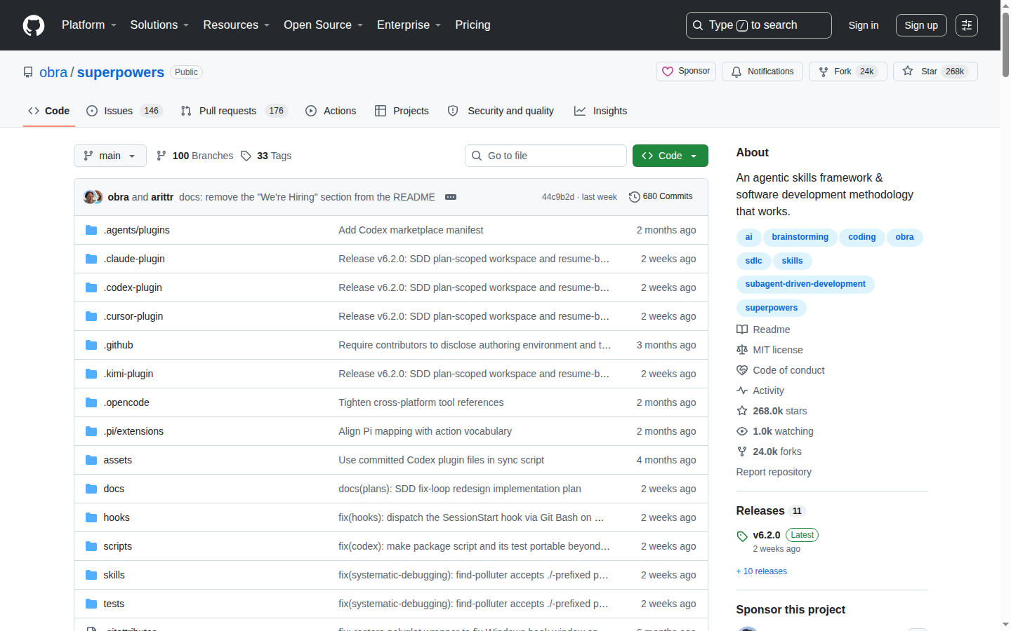 Superpowers GitHub 主頁(268K stars + 項目描述)