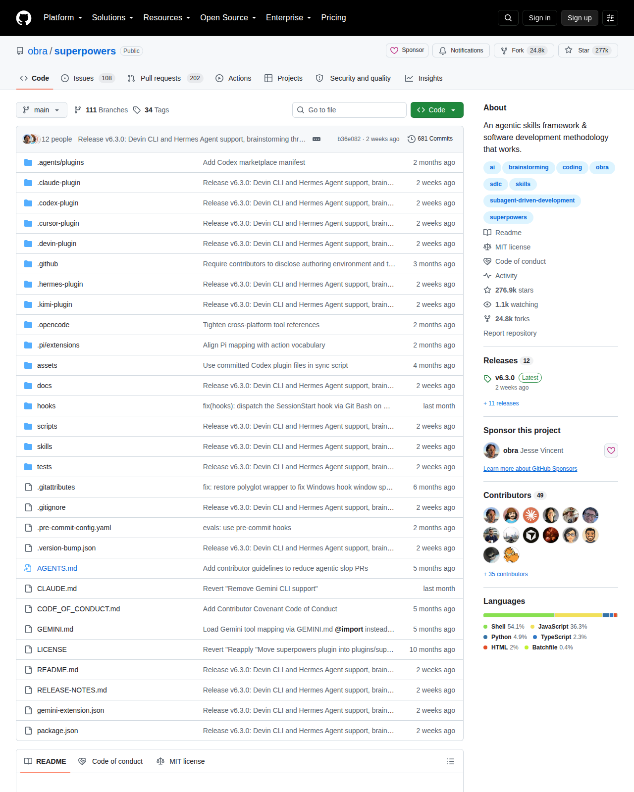 Superpowers GitHub 首頁頂部(repo 名 + Star 數 27.7 萬 + Fork 數 24.8 萬 + 項目描述)