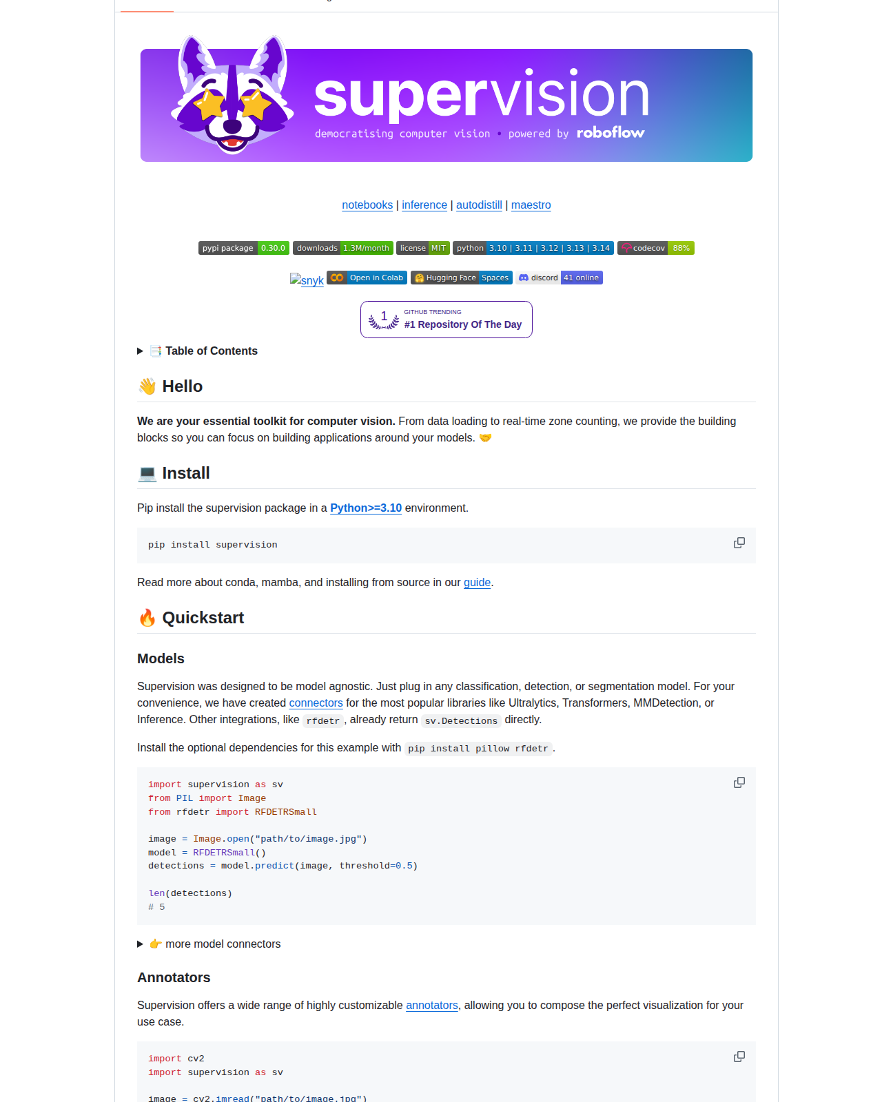 supervision README 開頭(項目名稱「supervision」大字 + 標語「We write your reusable computer vision tools」+ Python 3.10 以上安裝指引與 Quickstart 程式碼範例 + PyPI、下載數、MIT 授權、Python 版本等徽章)