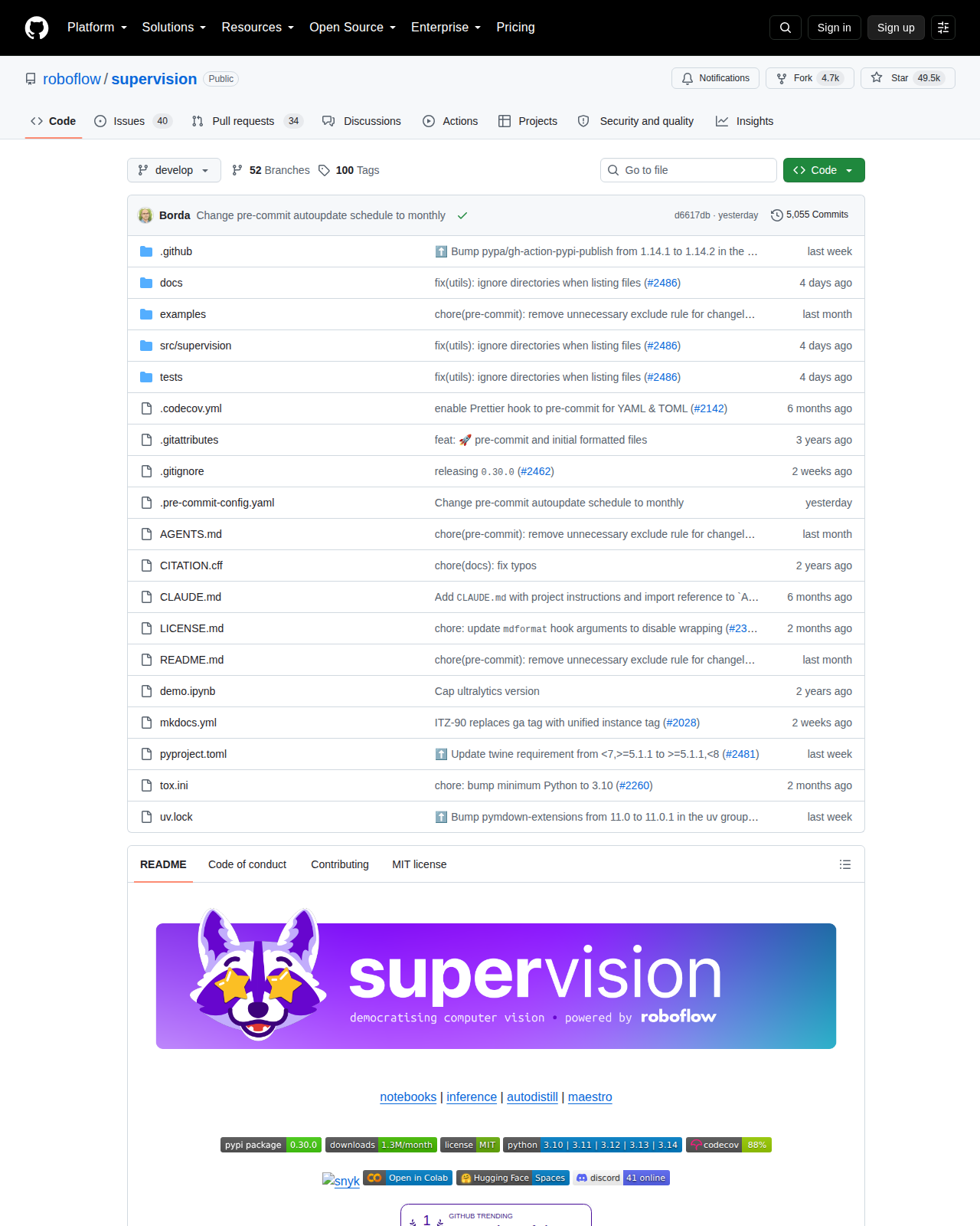 supervision GitHub 首頁頂部(repo 名稱「roboflow / supervision」+ 目標星標 + 4.7k Forks + 描述「We write your reusable computer vision tools.」+ Python 主要語言 + MIT 授權 + 近期活躍更新)