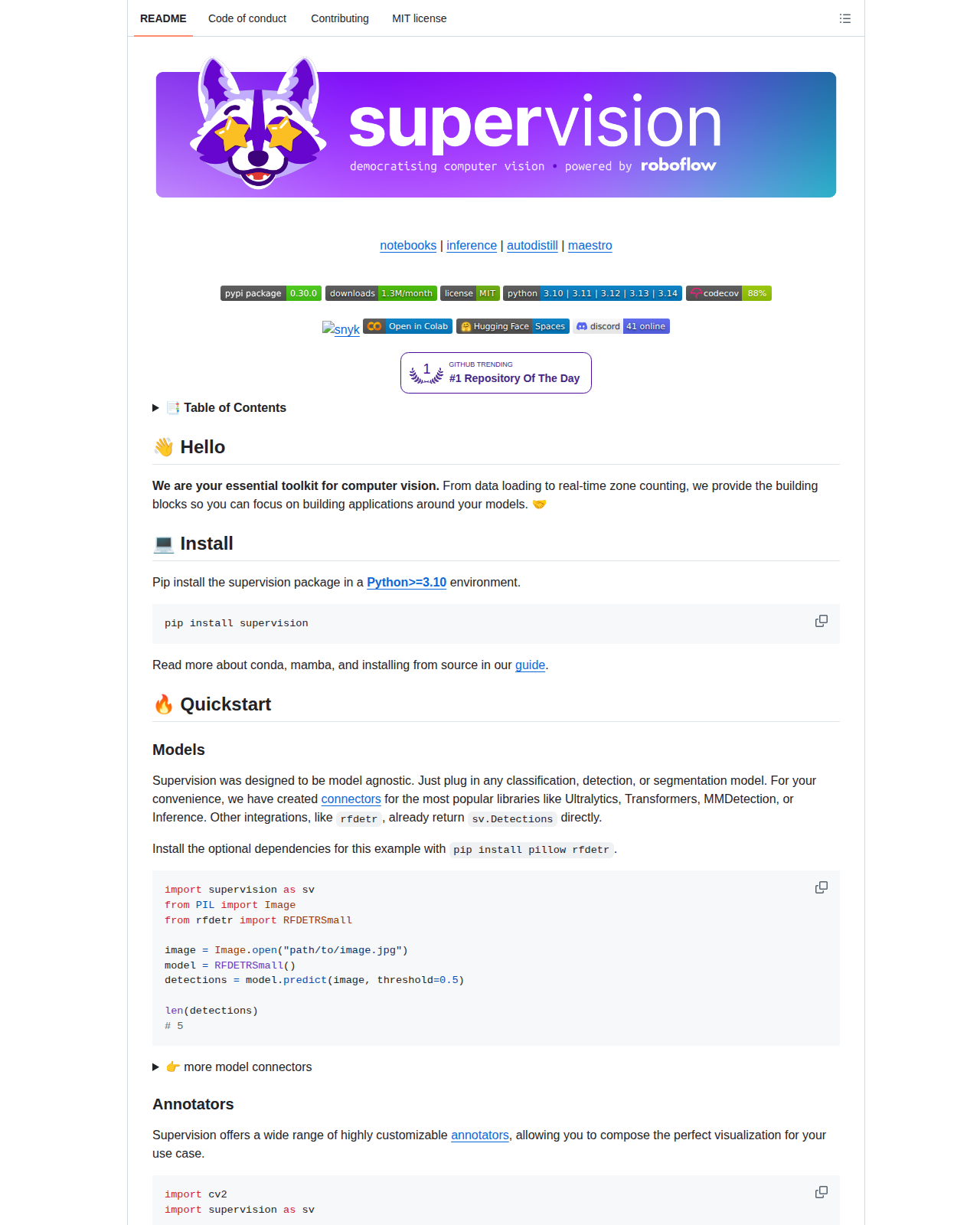 supervision GitHub Contributors 統計頁(顯示 roboflow/supervision 的活躍開發動態與主要貢獻者,體現項目的社群協作與持續維護狀態)