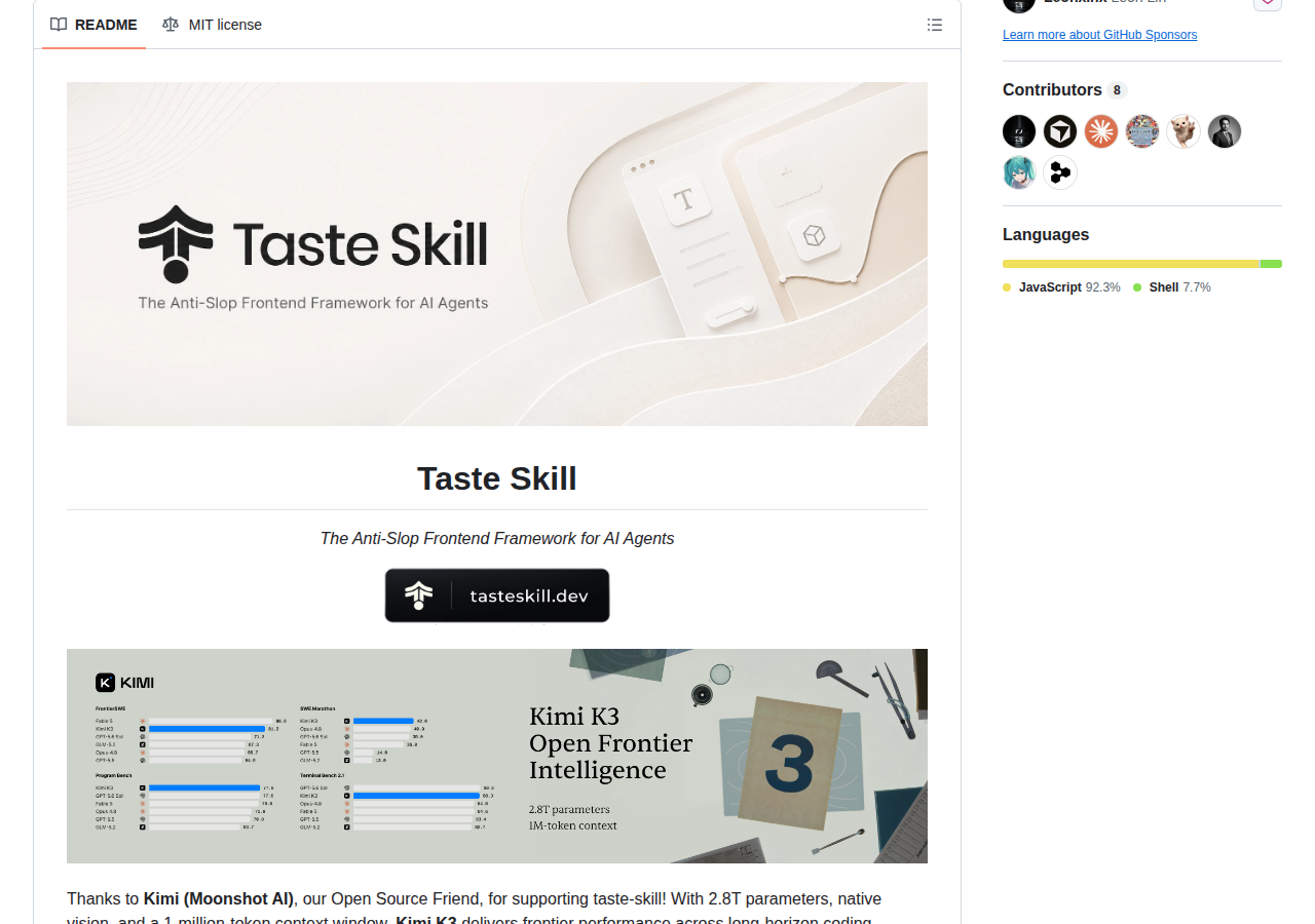 Taste Skill README 開頭(專案名稱 Taste Skill 大字標題與標語「The Anti-Slop Frontend Framework for AI Agents」)