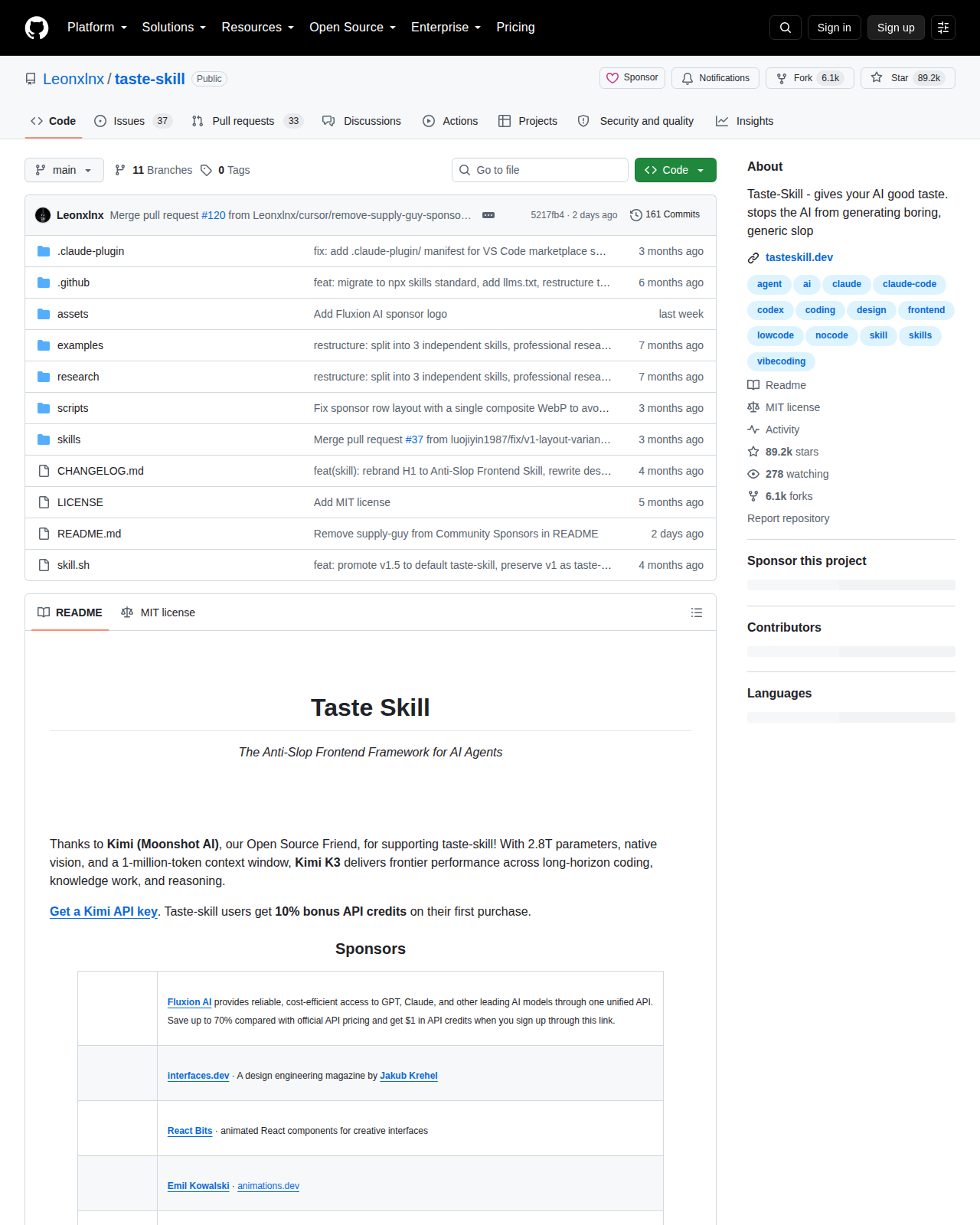 Leonxlnx/taste-skill GitHub 首頁頂部(儲存庫名稱 taste-skill、89.2k 星標與 6.1k 分支)
