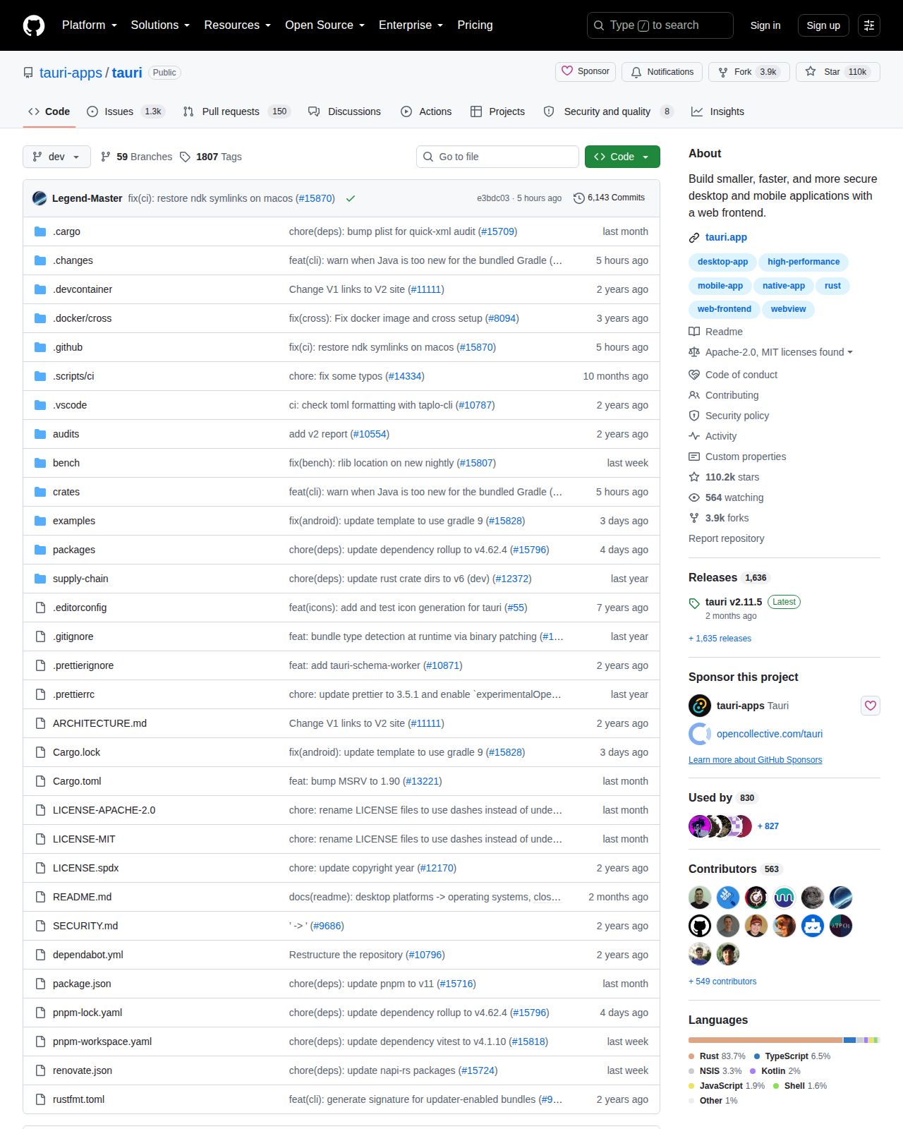 Tauri GitHub 首頁頂部(repo 名稱、Star 110k、Fork 3.9k 與項目描述)