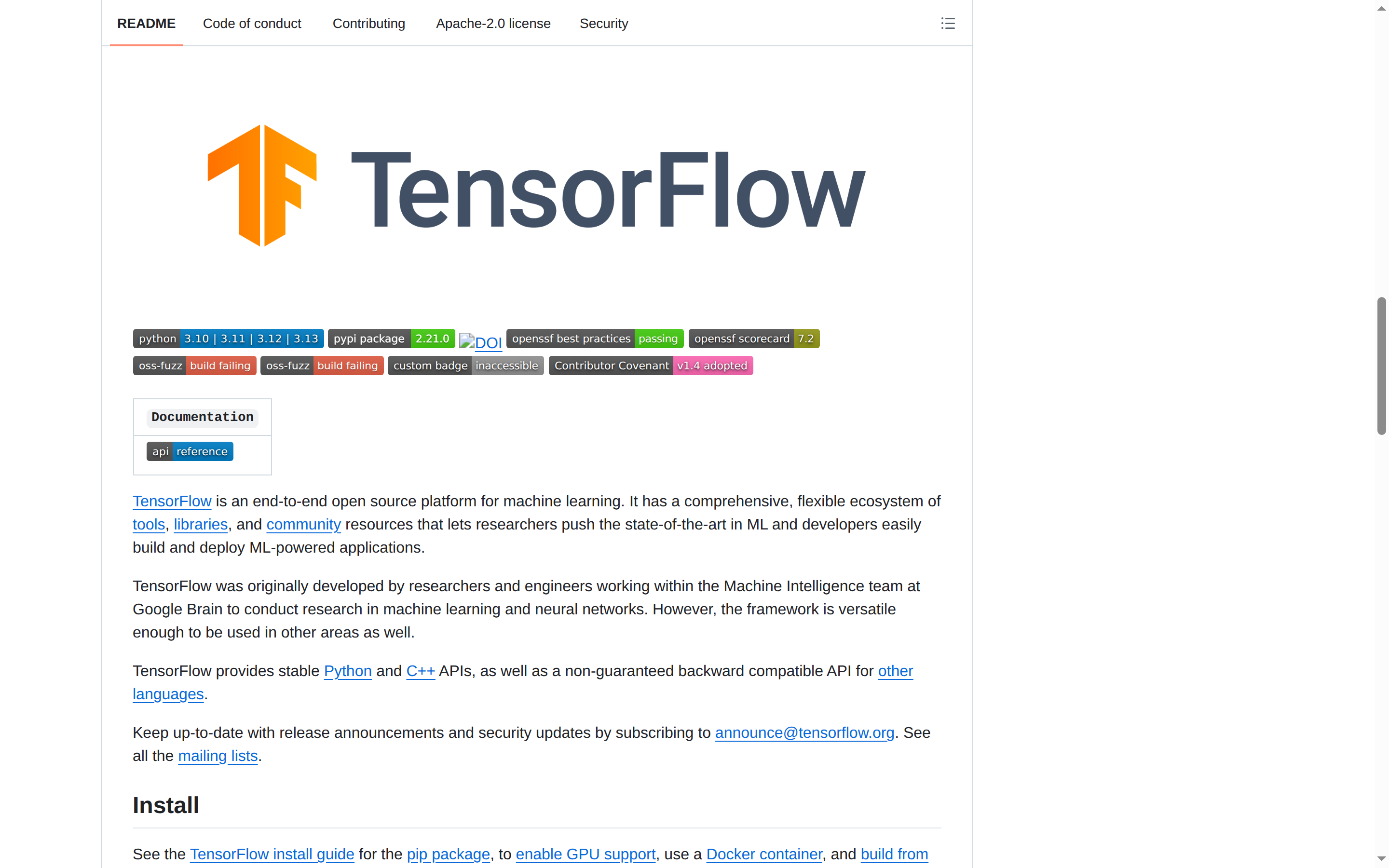 TensorFlow README 開頭(項目 H1 大字 + 定位描述)