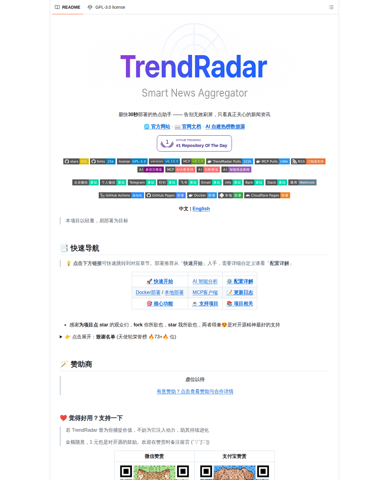 TrendRadar README 開頭(項目名稱 TrendRadar 大字標題、標語「最快 30 秒部署的熱點助手」與多平台徽章列)