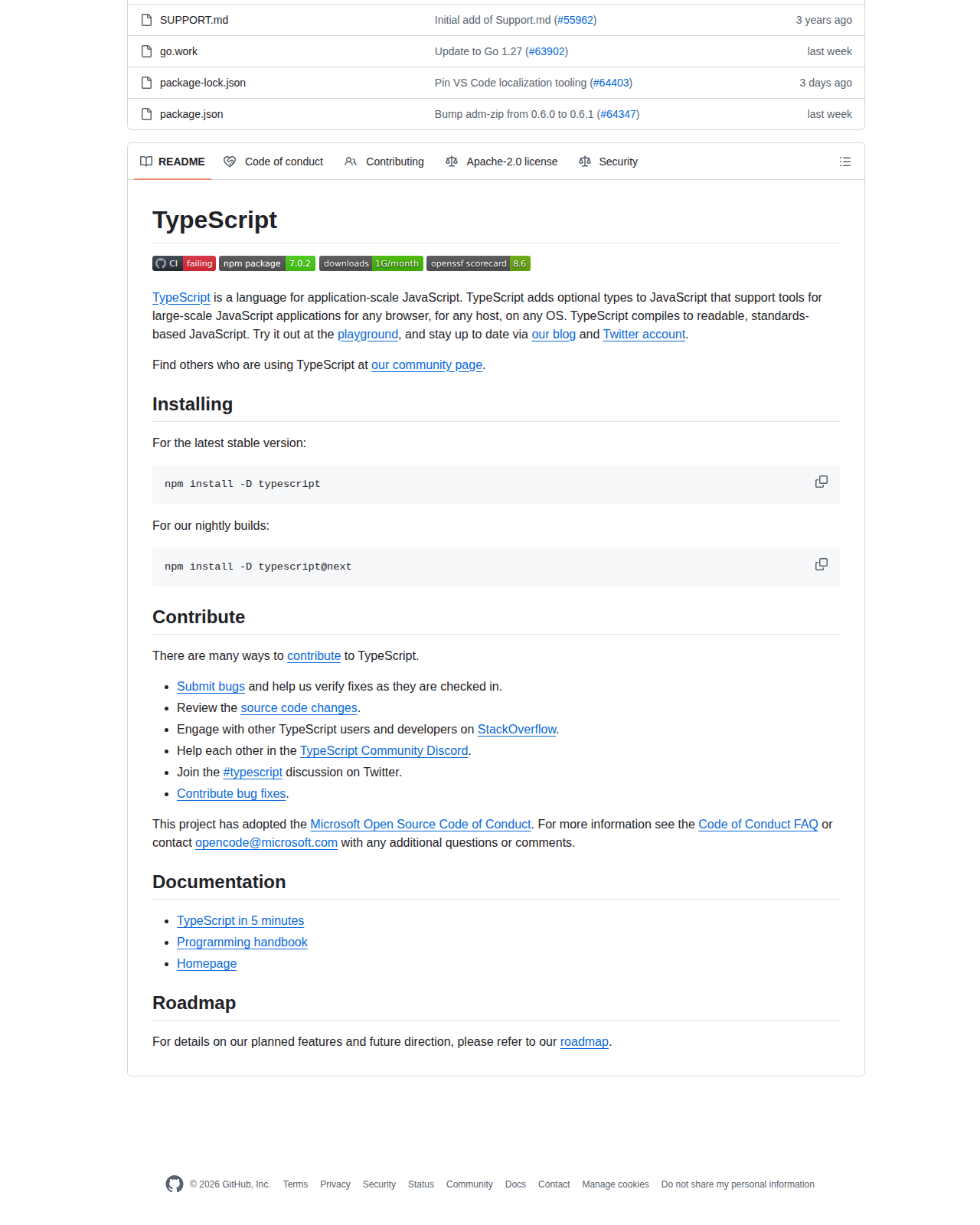 microsoft/TypeScript README 開頭(專案名稱 TypeScript 與「application-scale JavaScript」定位說明)
