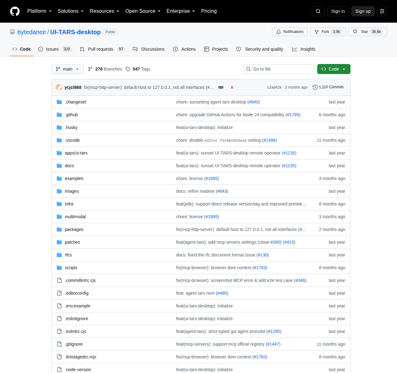 UI-TARS-desktop GitHub 首頁頂部(repo 名稱「bytedance / UI-TARS-desktop」+ 38.6k 星標 + 3.9k Forks + 描述「The Open-Source Multimodal AI Agent Stack: Connecting Cutting-Edge AI Models and Agent Infra」+ TypeScript 主要語言 + Apache-2.0 授權 + 首頁連結 agent-tars.com)