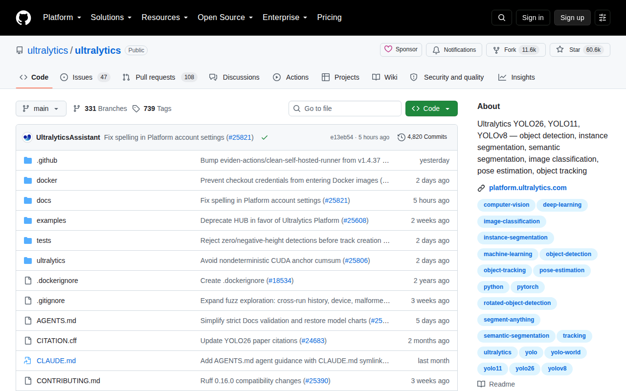 Ultralytics YOLO GitHub 首頁頂部(repo 名稱 ultralytics/ultralytics + 60.6k Star + 11.6k Fork + 描述與 About 側欄)