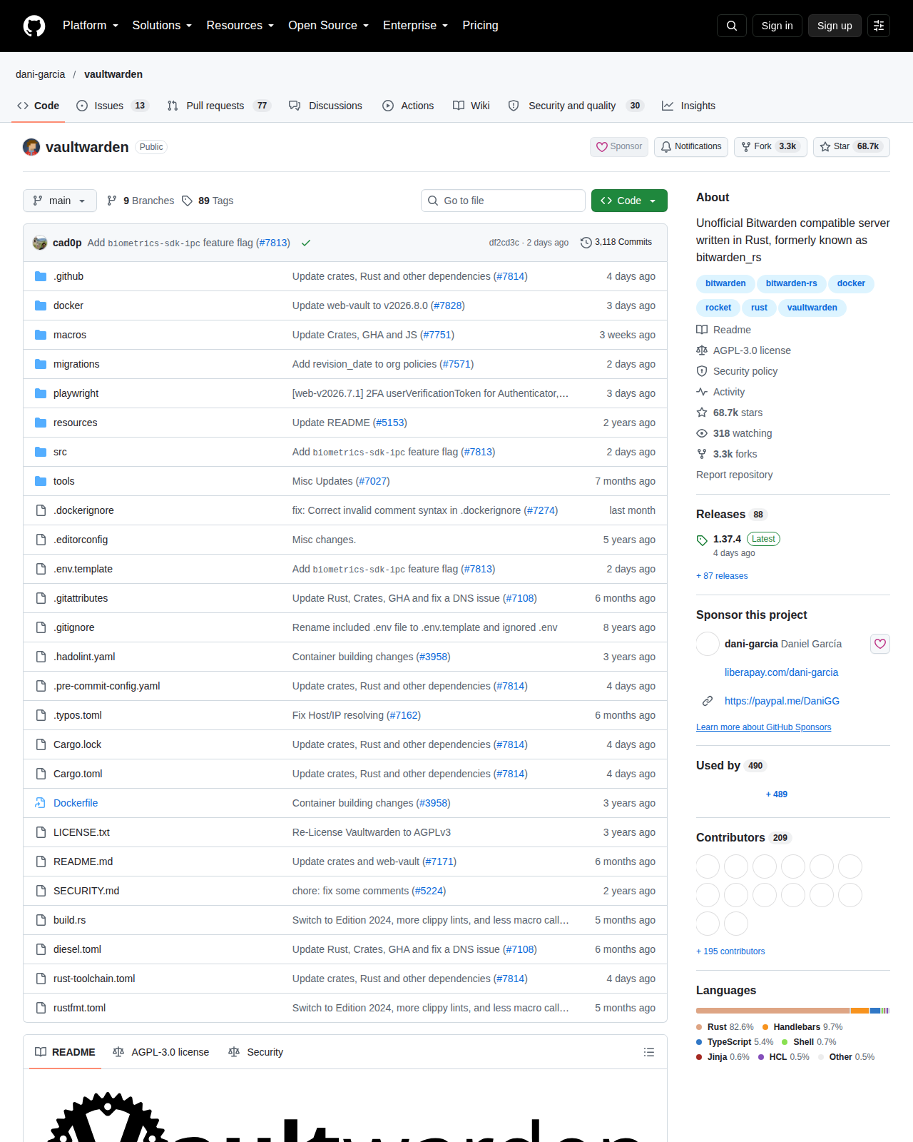 Vaultwarden GitHub 首頁頂部(儲存庫名稱 dani-garcia/vaultwarden、68.7K 星標、3.3K 複製與專案描述)