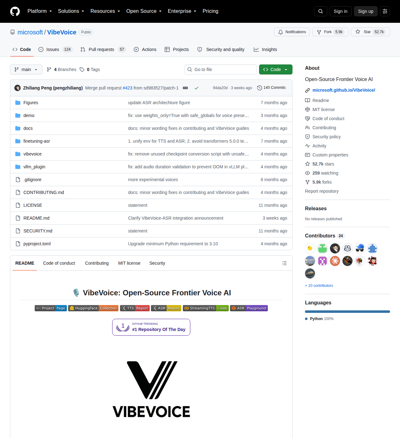 VibeVoice GitHub 首頁頂部(repo 名稱「microsoft / VibeVoice」+ Star 52.7k + Fork 5.9k + 描述「Open-Source Frontier Voice AI」+ 主要語言 Python + MIT 授權標籤)