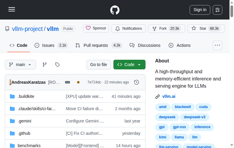 vLLM GitHub 主頁(88.3k Stars + 項目描述)