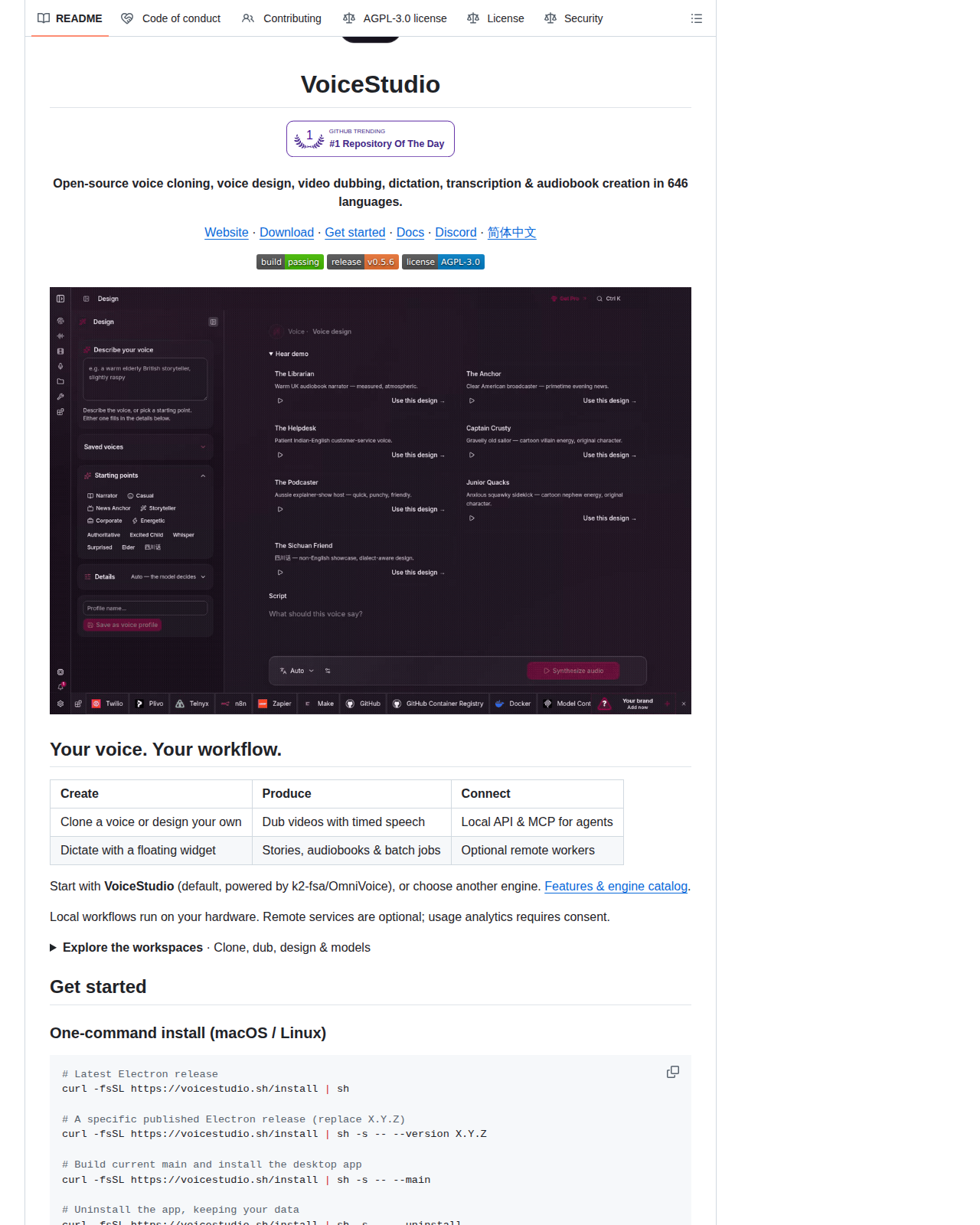 VoiceStudio README 開頭(專案名稱、Trendshift 徽章、一行功能定位與官方網站、下載、文件連結)