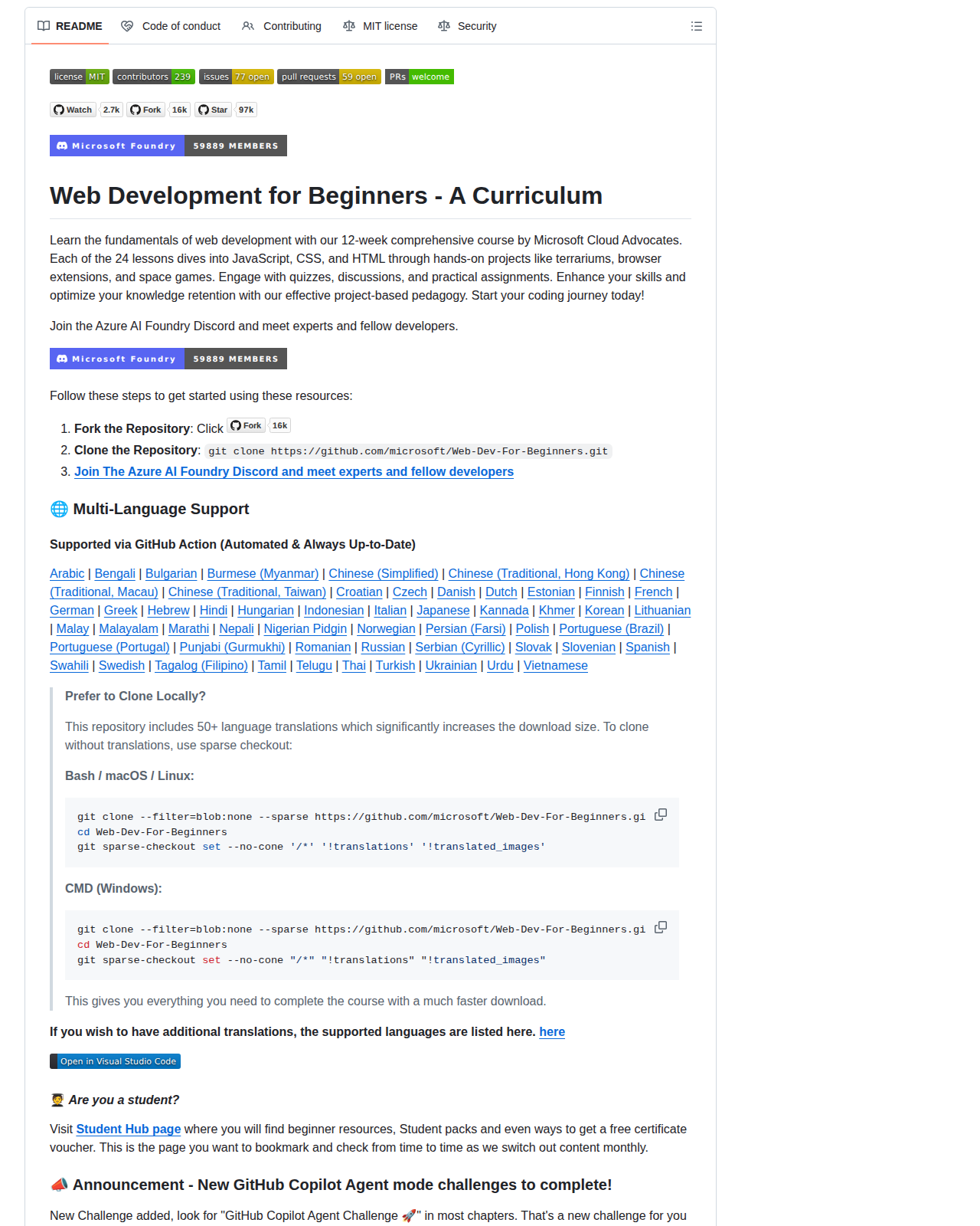 Web-Dev-For-Beginners 的 GitHub 儲存庫 README 開頭,顯示課程全名 Web Development for Beginners - A Curriculum、十二週二十四堂課的說明,以及微軟雲端倡導者團隊的介紹文字