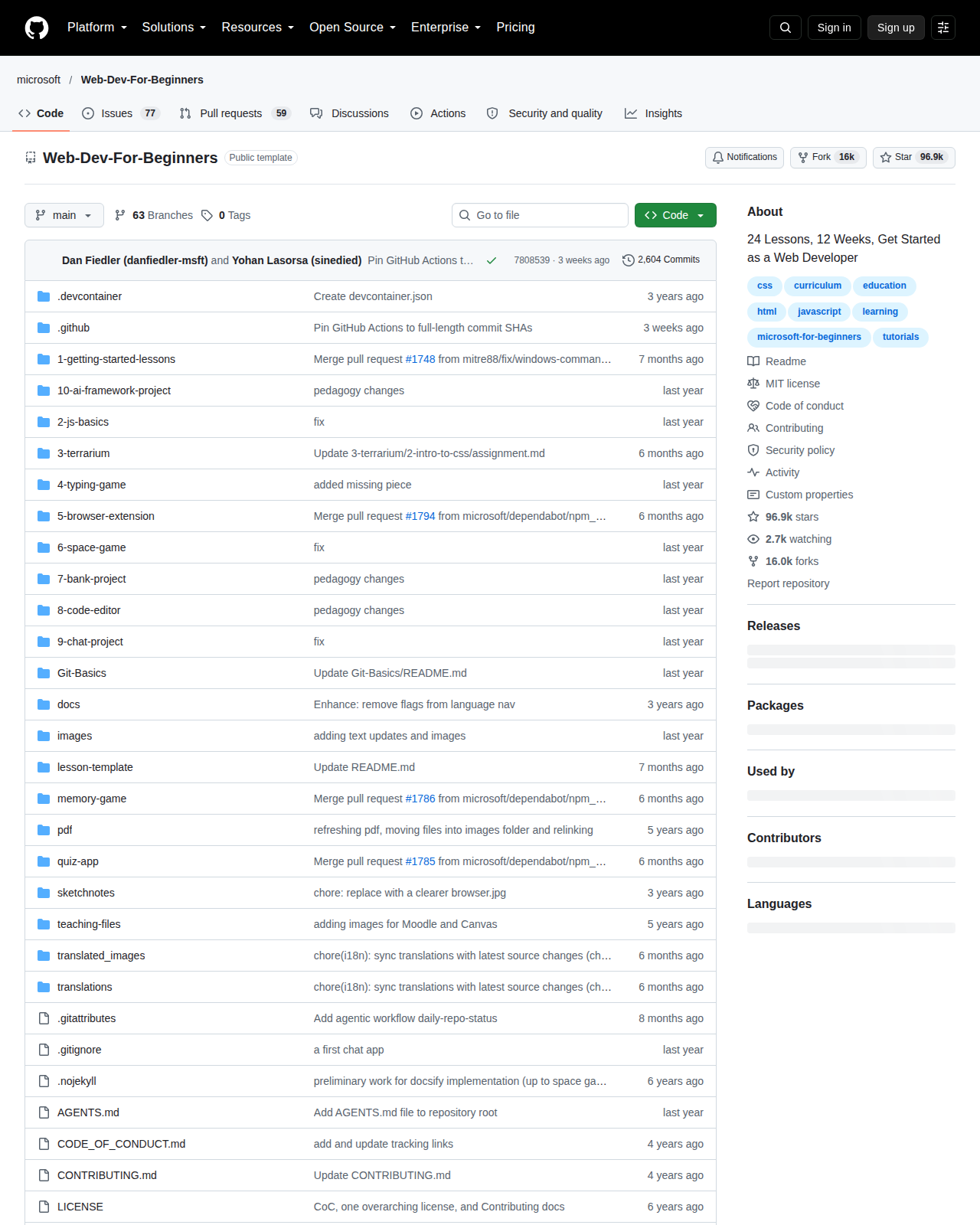Web-Dev-For-Beginners 的 GitHub 首頁頂部,顯示儲存庫名稱 microsoft/Web-Dev-For-Beginners、專案描述,以及右上角 96.9k 星標與 16.0k 複製次數