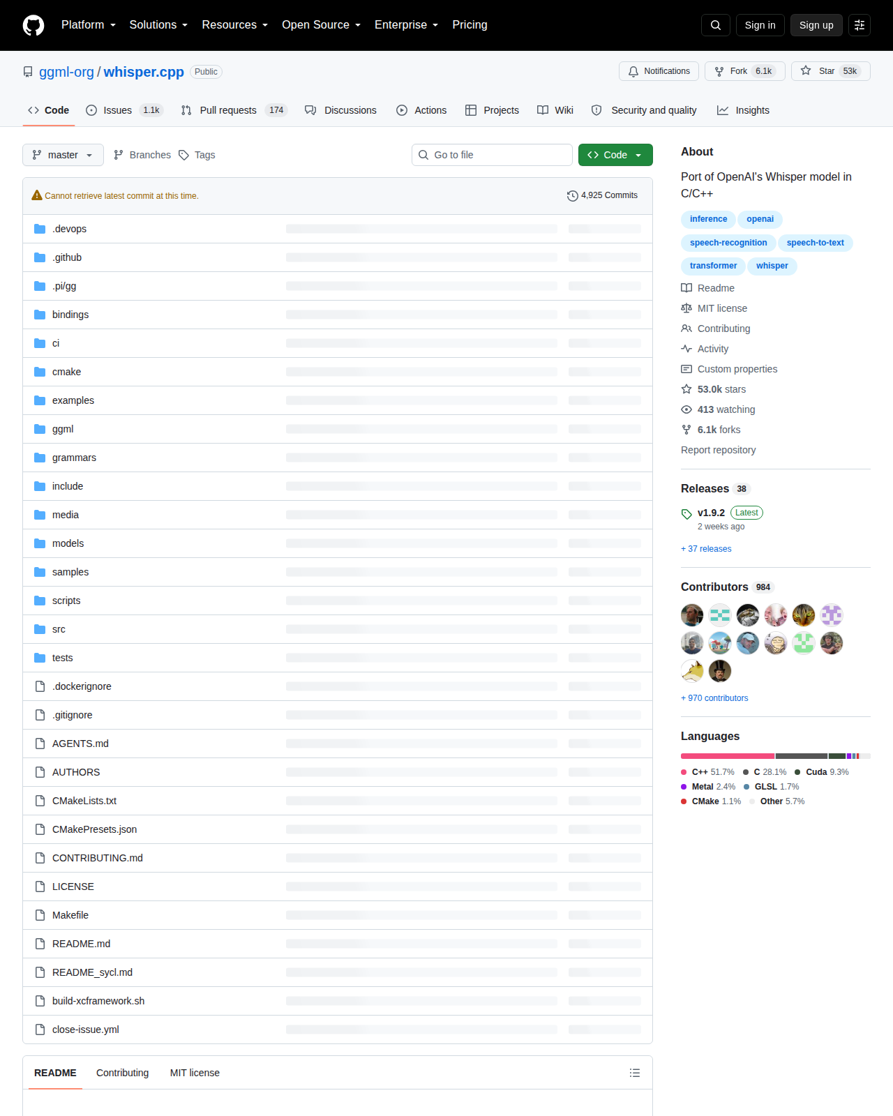 whisper.cpp GitHub 首頁頂部(repo 名稱「ggml-org / whisper.cpp」+ 53k 星標 + 6.1k Forks + 描述「Port of OpenAI's Whisper model in C/C++」+ C++ 主要語言 + MIT 授權 + 984 位貢獻者 + v1.9.2 最新版本資訊)