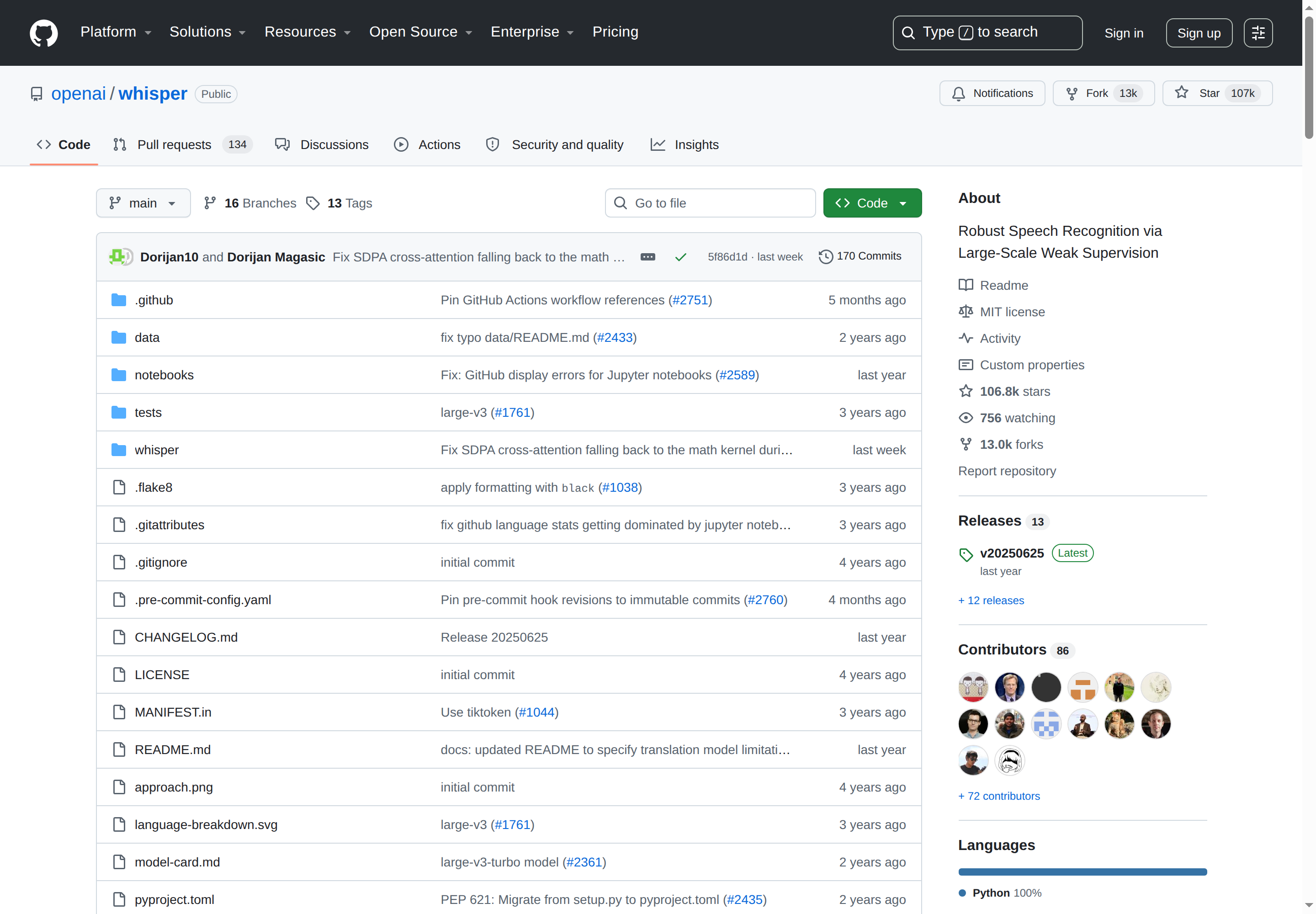 Whisper GitHub 主頁(repo 名 + 107k stars + 項目描述)