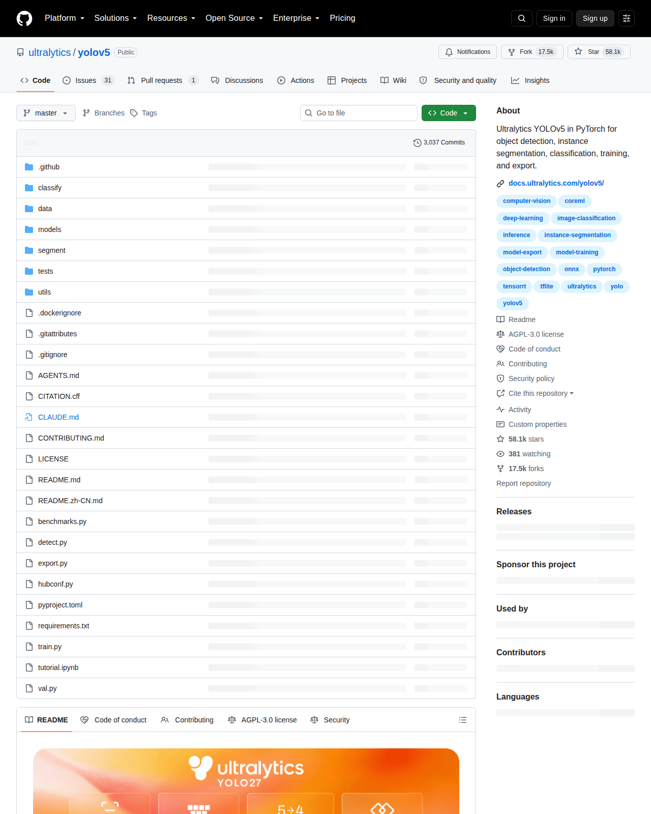 Ultralytics YOLOv5 的 GitHub 倉庫首頁頂部,顯示倉庫名稱、約五萬八千顆星標、一萬七千次複製、描述與程式語言分佈