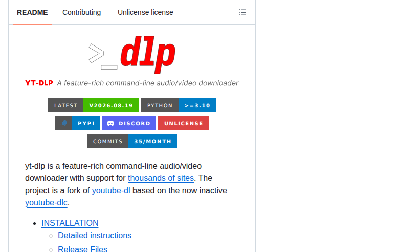 yt-dlp README 開頭(項目名稱 YT-DLP 標誌 + 標語 A feature-rich command-line audio/video downloader)