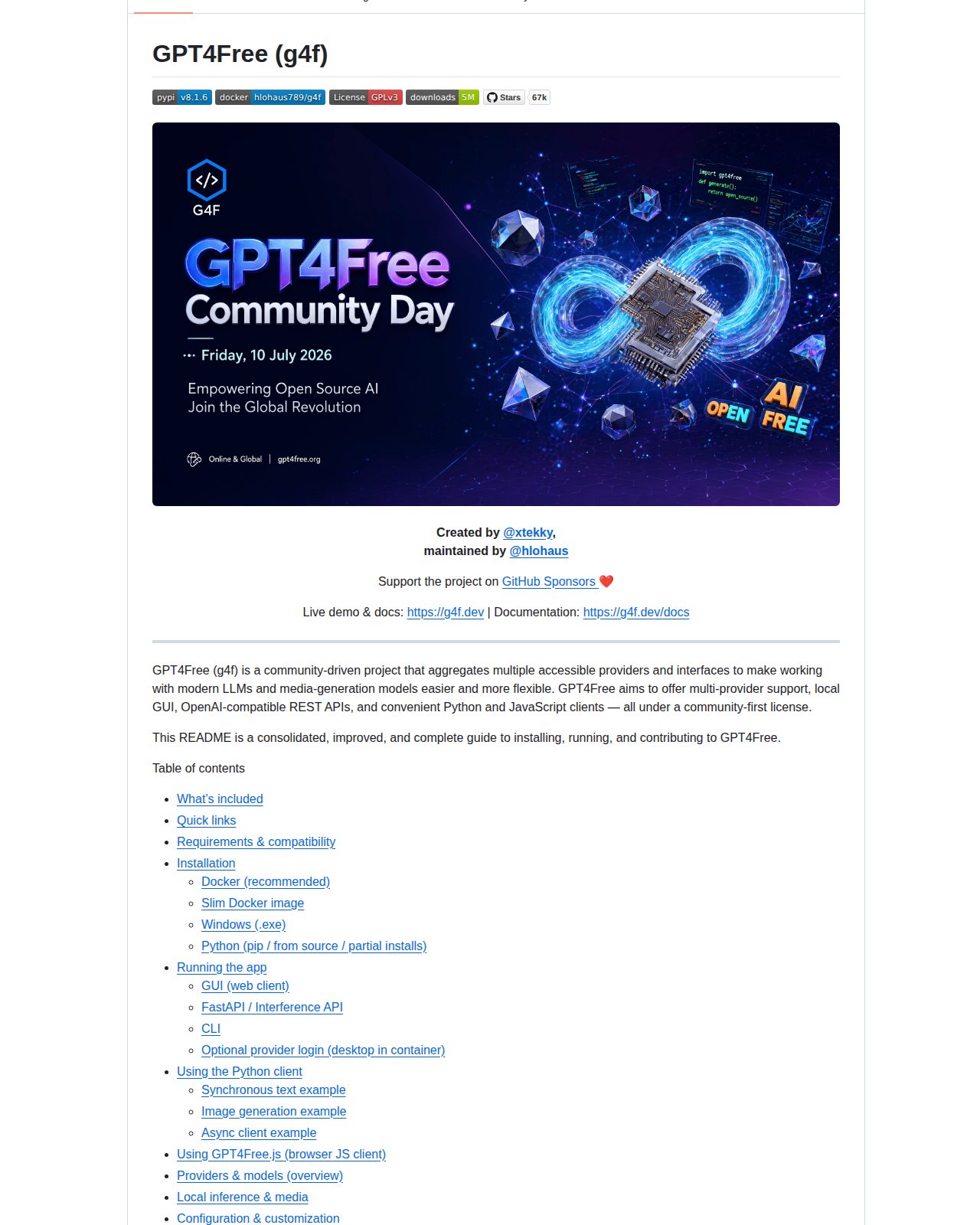 GPT4Free README 開頭(項目名稱「GPT4Free (g4f)」+ PyPI、Docker、License、下載量徽章 + Community Day 宣傳橫幅 + 創作者 @xtekky 與維護者 @hlohaus 署名)
