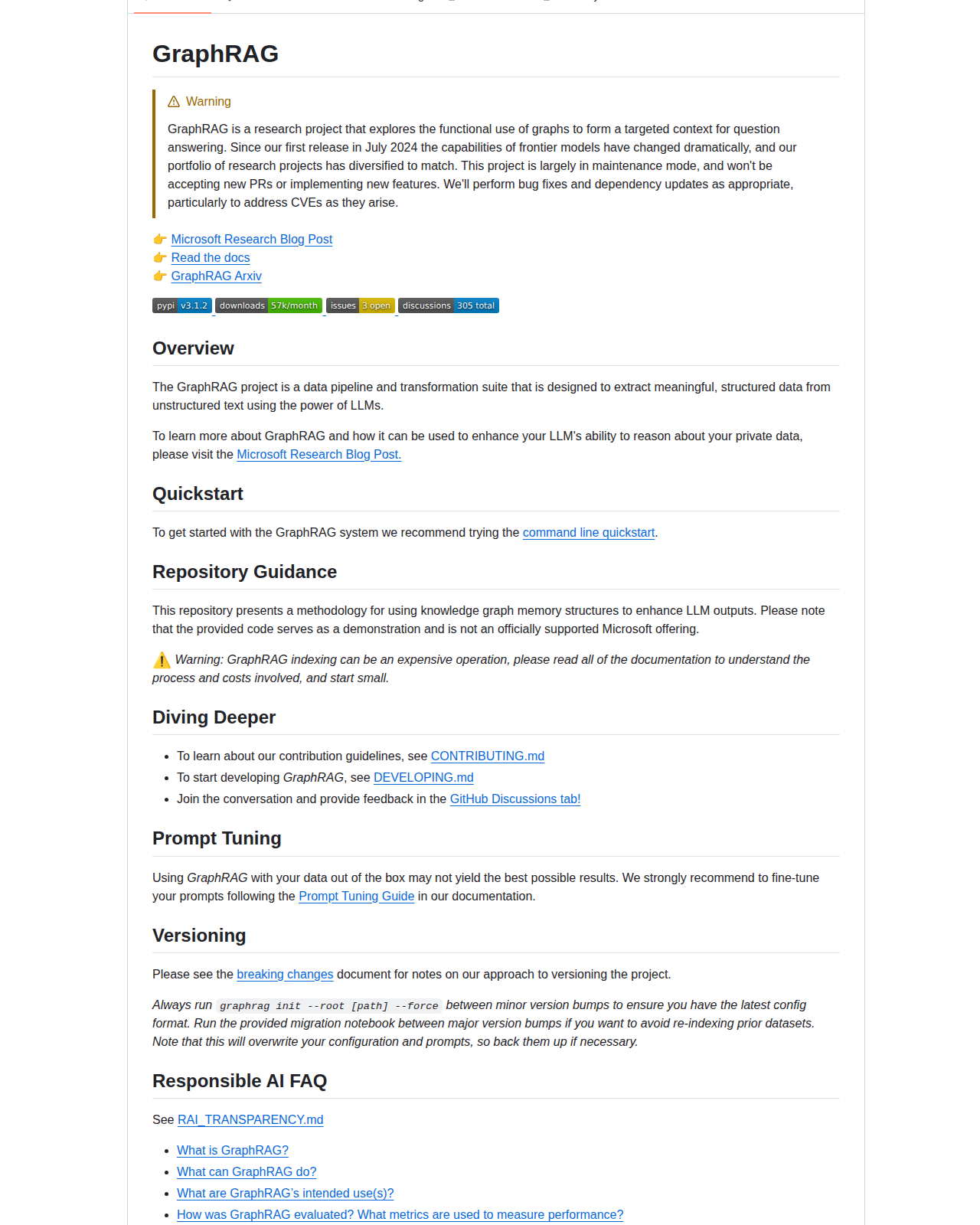 GraphRAG README 開頭(項目名稱與維護模式警告)
