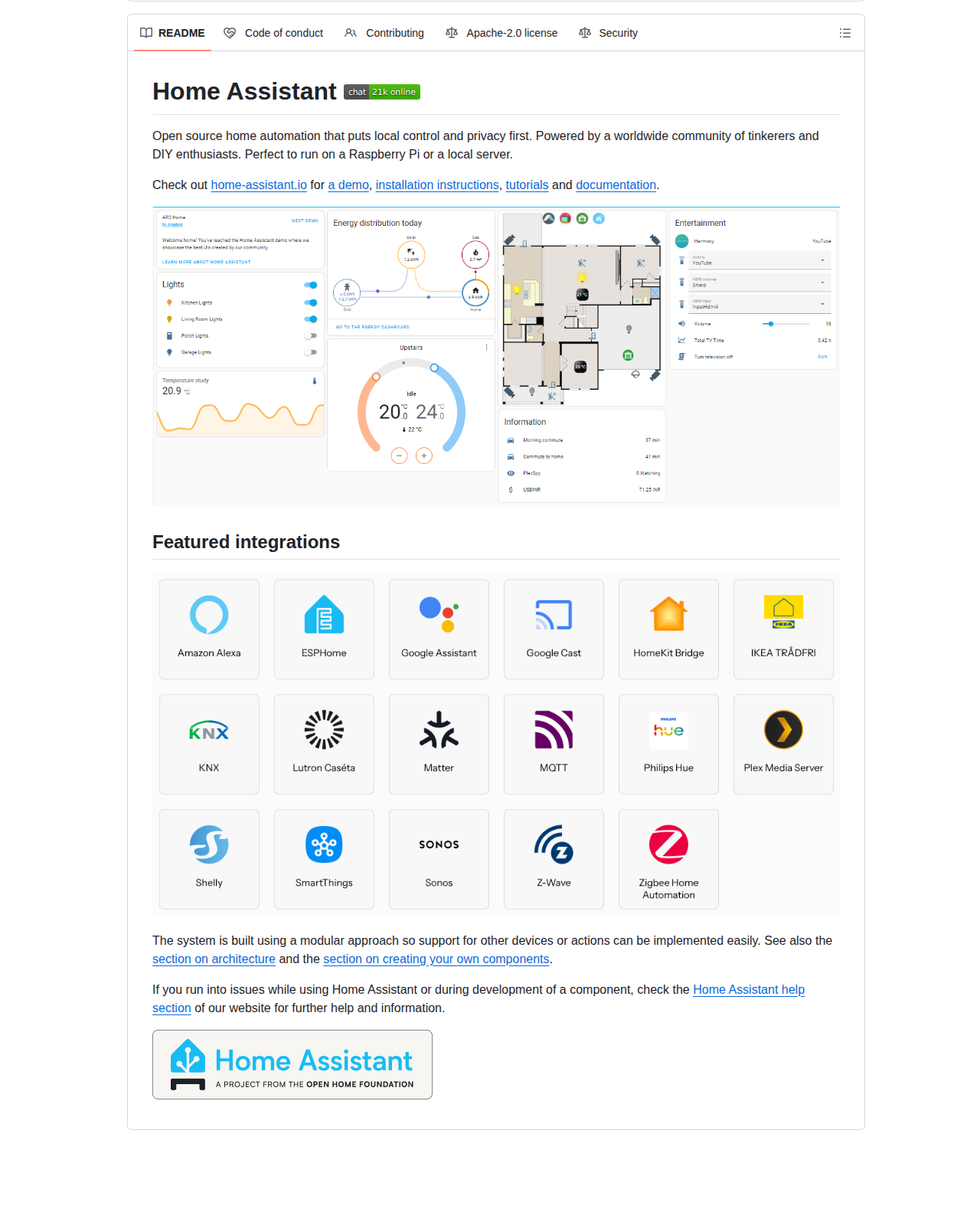 Home Assistant README 開頭（項目名稱 + 標語「Open source home automation that puts local control and privacy first」）