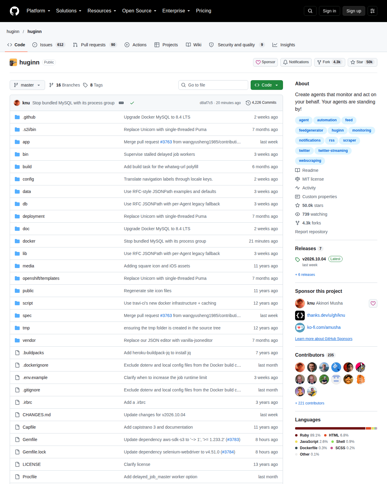 Huginn 的 GitHub 儲存庫首頁頂部，顯示儲存庫名稱 huginn/huginn、專案描述「Create agents that monitor and act on your behalf」與累積星標數字