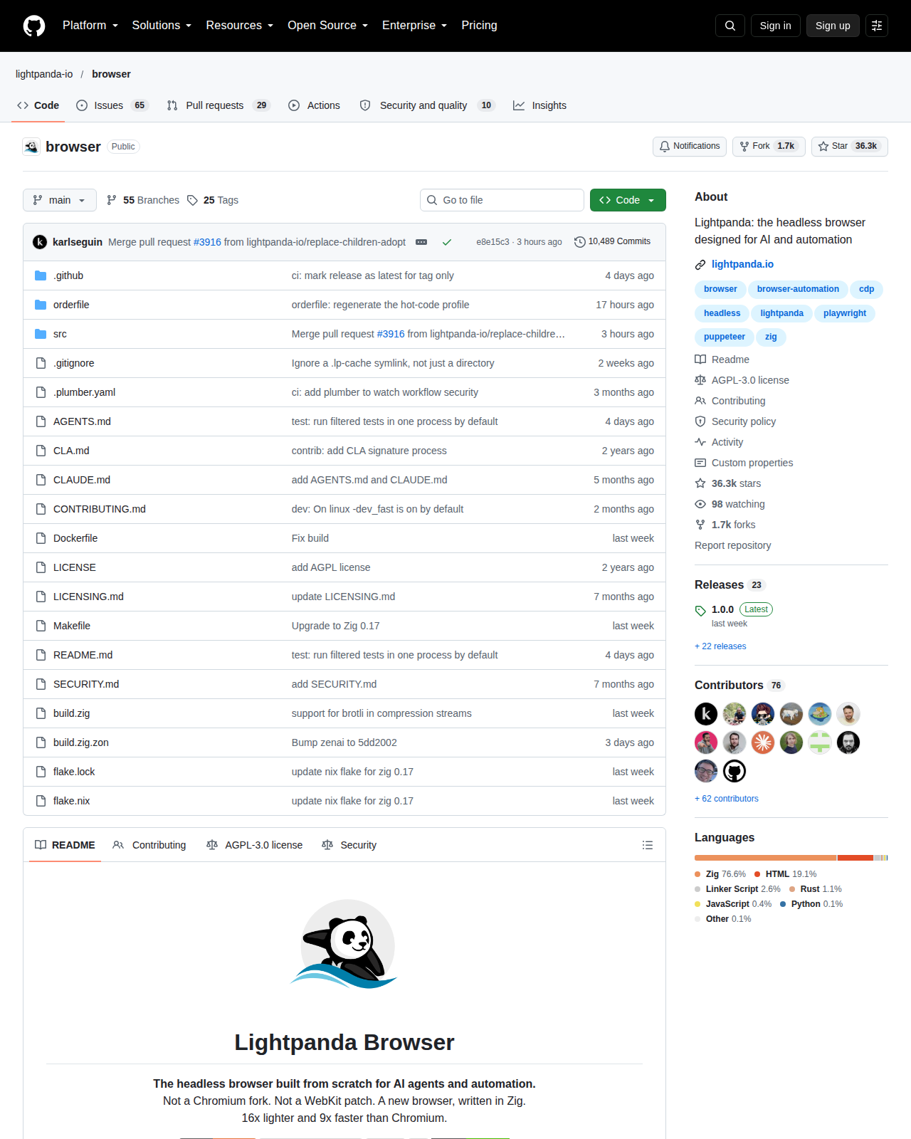 Lightpanda 儲存庫首頁頂部,顯示儲存庫路徑 lightpanda-io/browser、星標數約 36.3k 與複製數 1.7k、主要語言標示、分支與標籤數量,以及最新合併提交紀錄