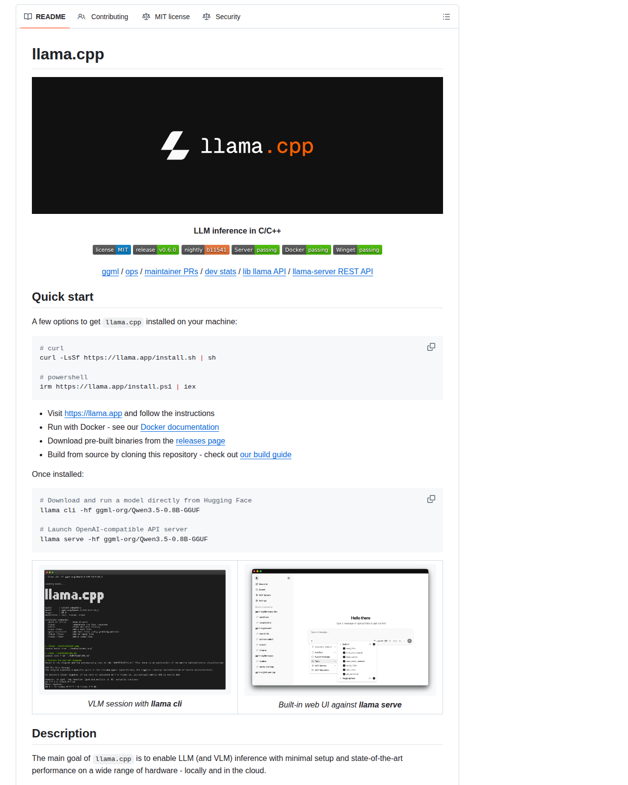 llama.cpp 的 GitHub 儲存庫 README 開頭,顯示 llama.cpp 專案標誌與「LLM inference in C/C++」定位說明,以及 MIT 授權、v0.6.0 版本與 nightly b11541 建置狀態徽章