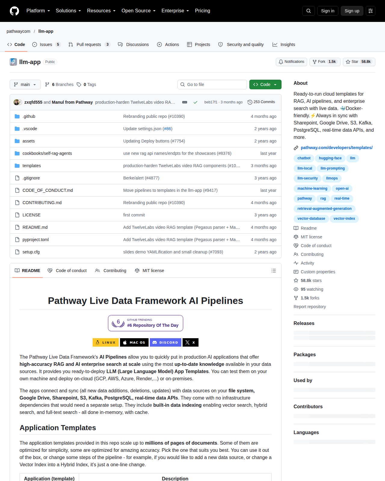 Pathway LLM App GitHub 首頁頂部(儲存庫名稱、5.8 萬星標數字、描述與語言組成)
