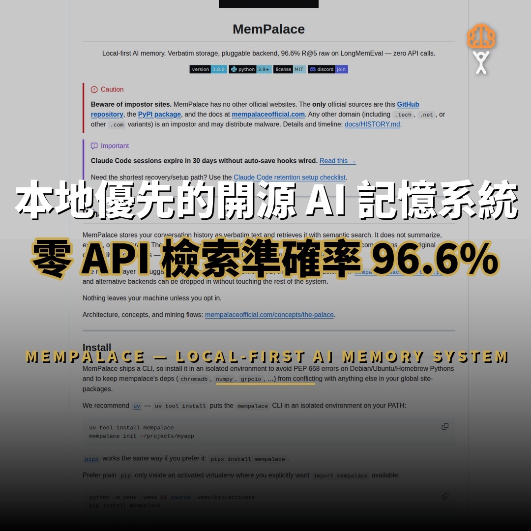 58,549 星開源項目：MemPalace — 本地優先 AI 記憶系統