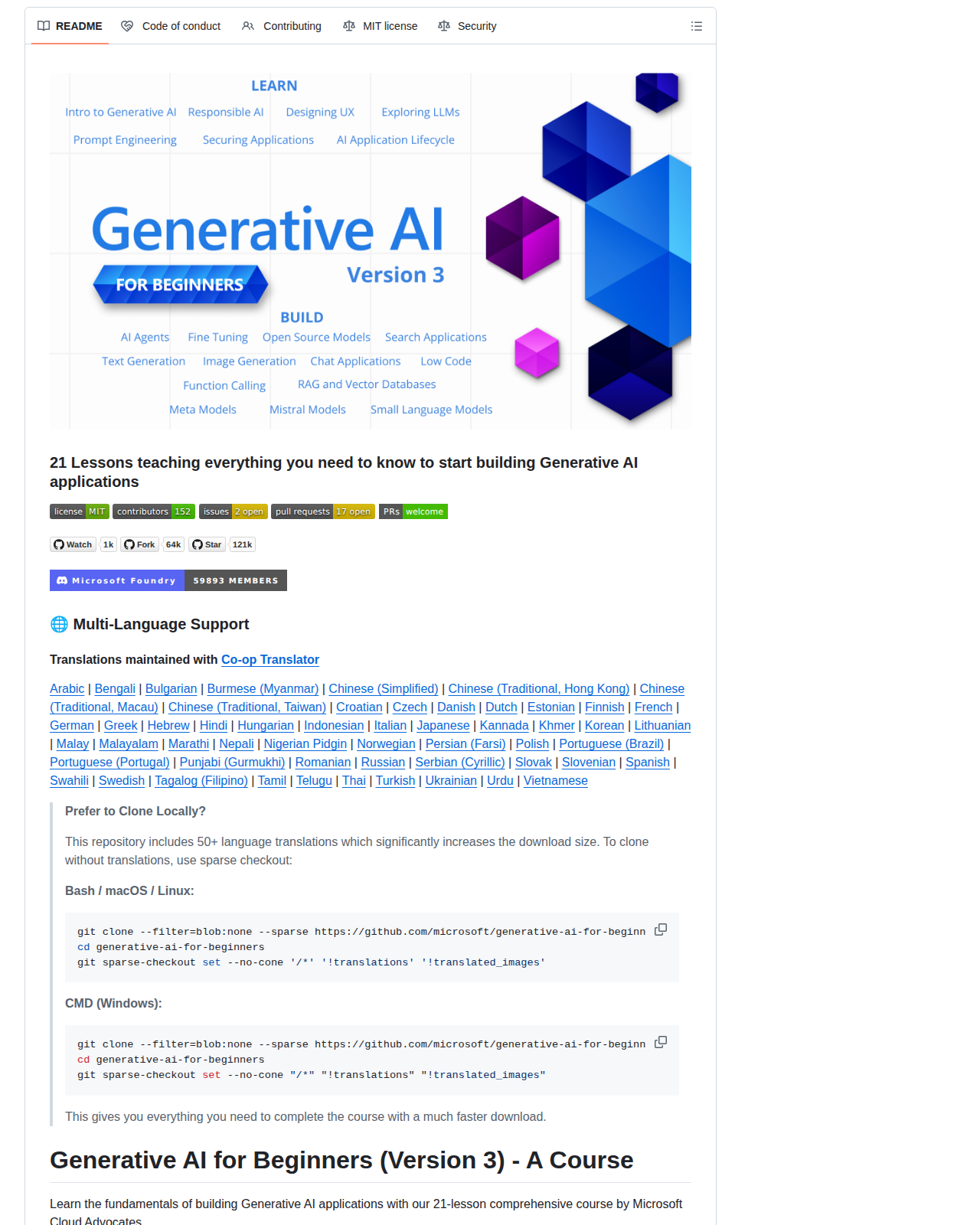 微軟 Generative AI for Beginners README 開頭(專案縮圖、21 課說明與課程定位)