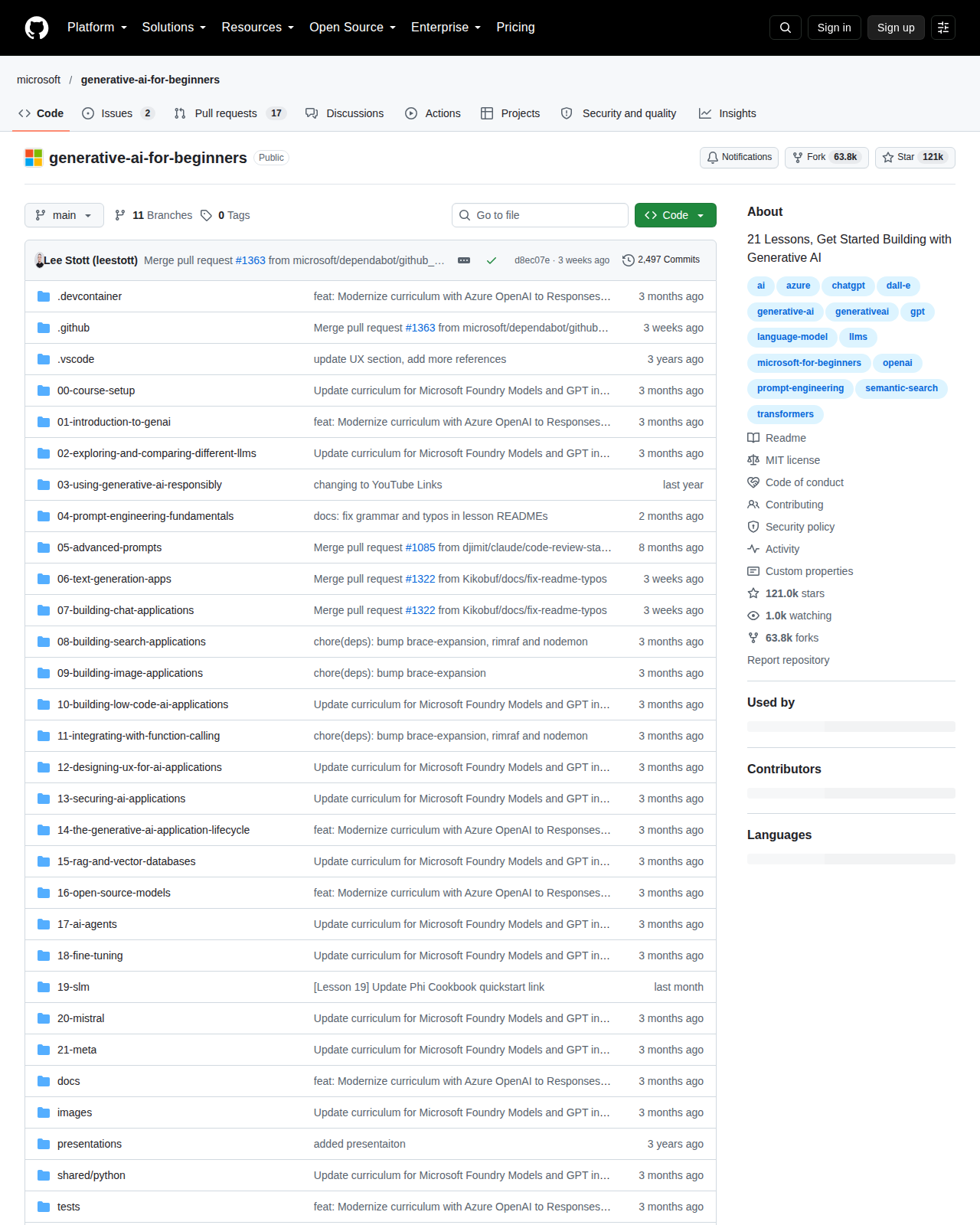微軟 Generative AI for Beginners GitHub 首頁頂部(儲存庫名稱 microsoft/generative-ai-for-beginners、12.1 萬星標數字與專案描述)