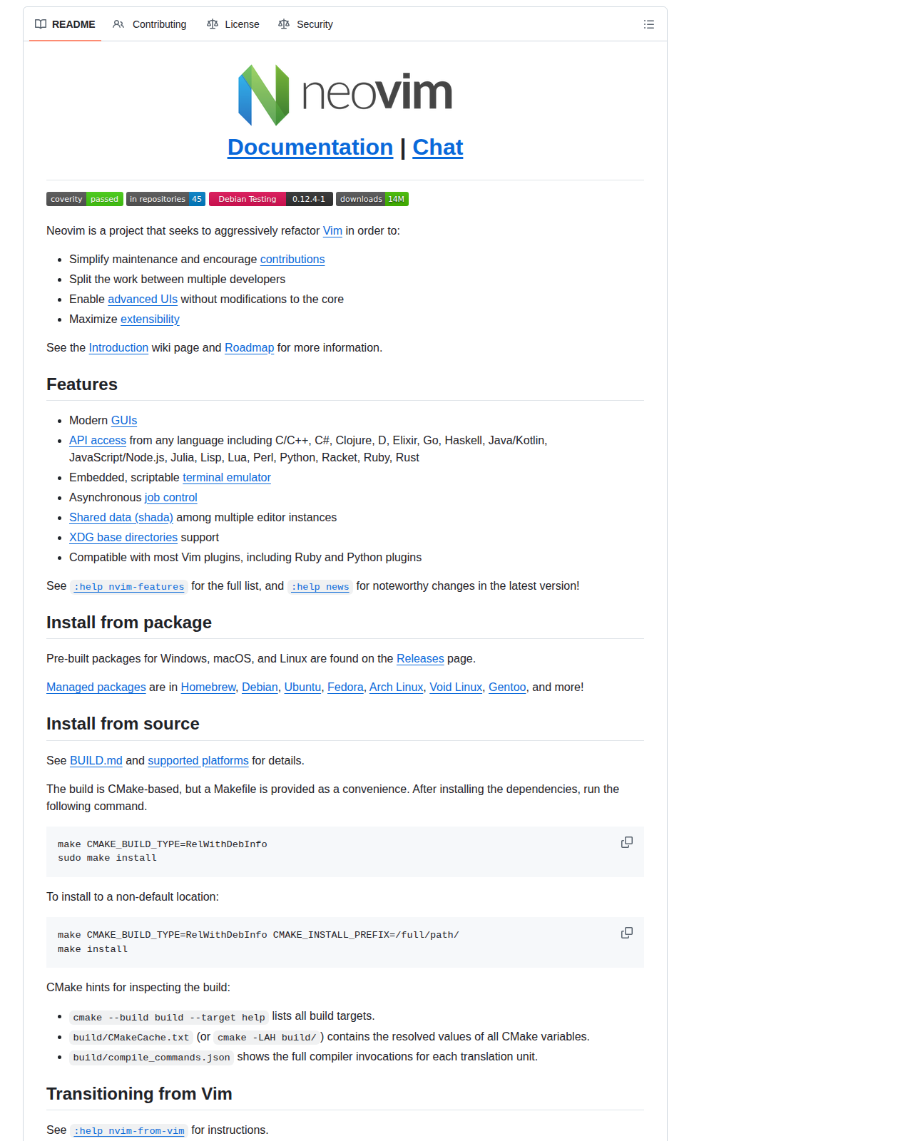 Neovim 儲存庫 README 開頭,顯示專案名稱與官方標誌,並列出專案目標:簡化維護、鼓勵貢獻、把工作分配給多位開發者、在不修改核心的前提下支援進階介面,以及最大化擴充性,後接功能清單與支援的程式語言列表