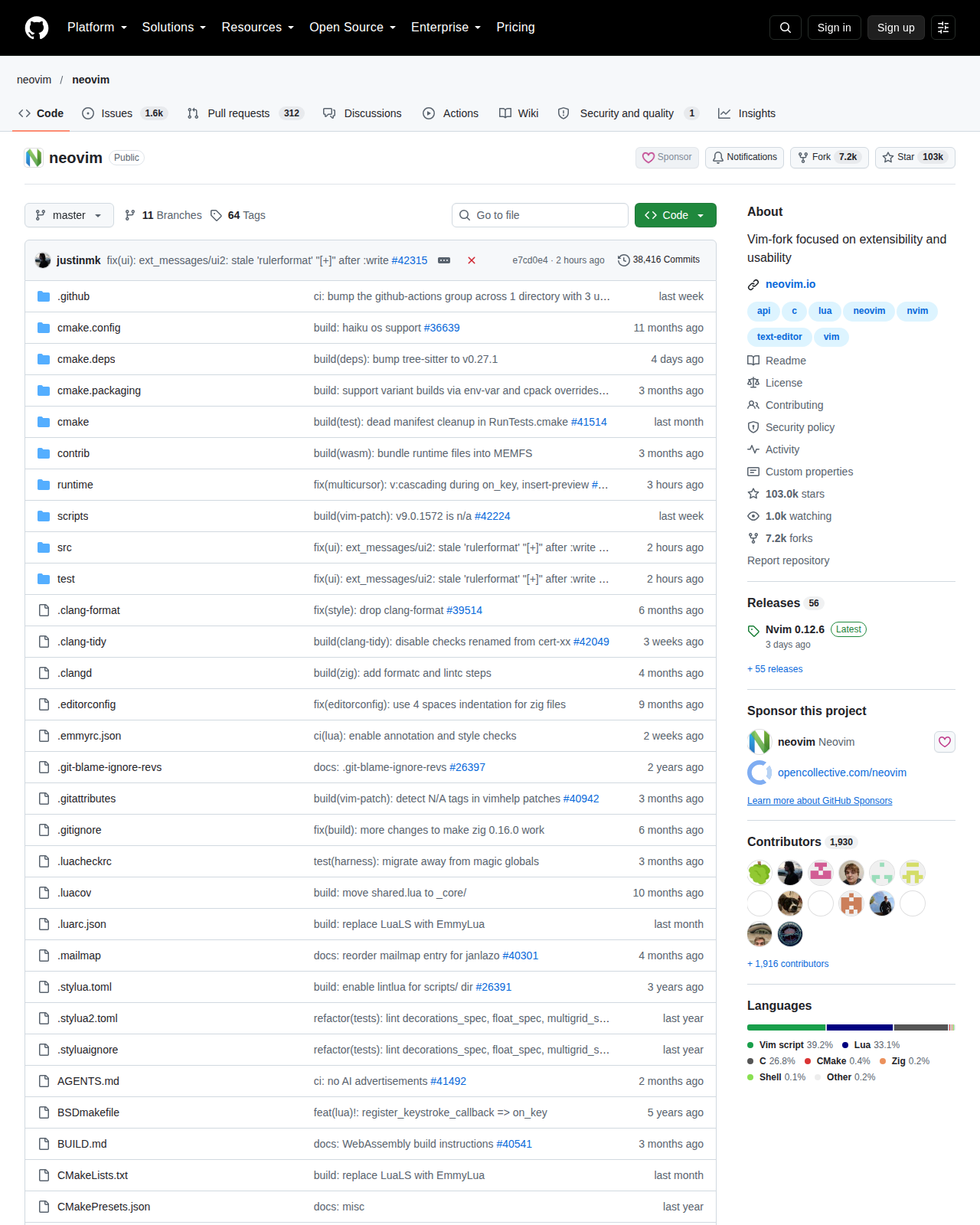 Neovim 儲存庫首頁頂部,顯示儲存庫路徑 neovim/neovim、星標數約 103k、複製數約 72k、分支與標籤數量,以及最新提交紀錄與儲存庫說明,主要語言標示為 Vim Script,主題標籤包含文字編輯器與 Lua