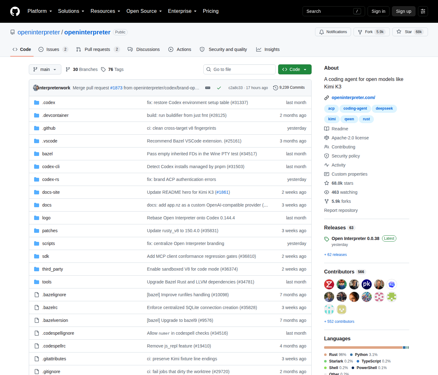 Open Interpreter GitHub 首頁頂部(repo 名稱「openinterpreter / openinterpreter」+ 68k 星標 + 5.9k Forks + 描述「A coding agent for open models like Kimi K3」+ 主要語言 Rust + Apache-2.0 授權 + 566 位貢獻者)
