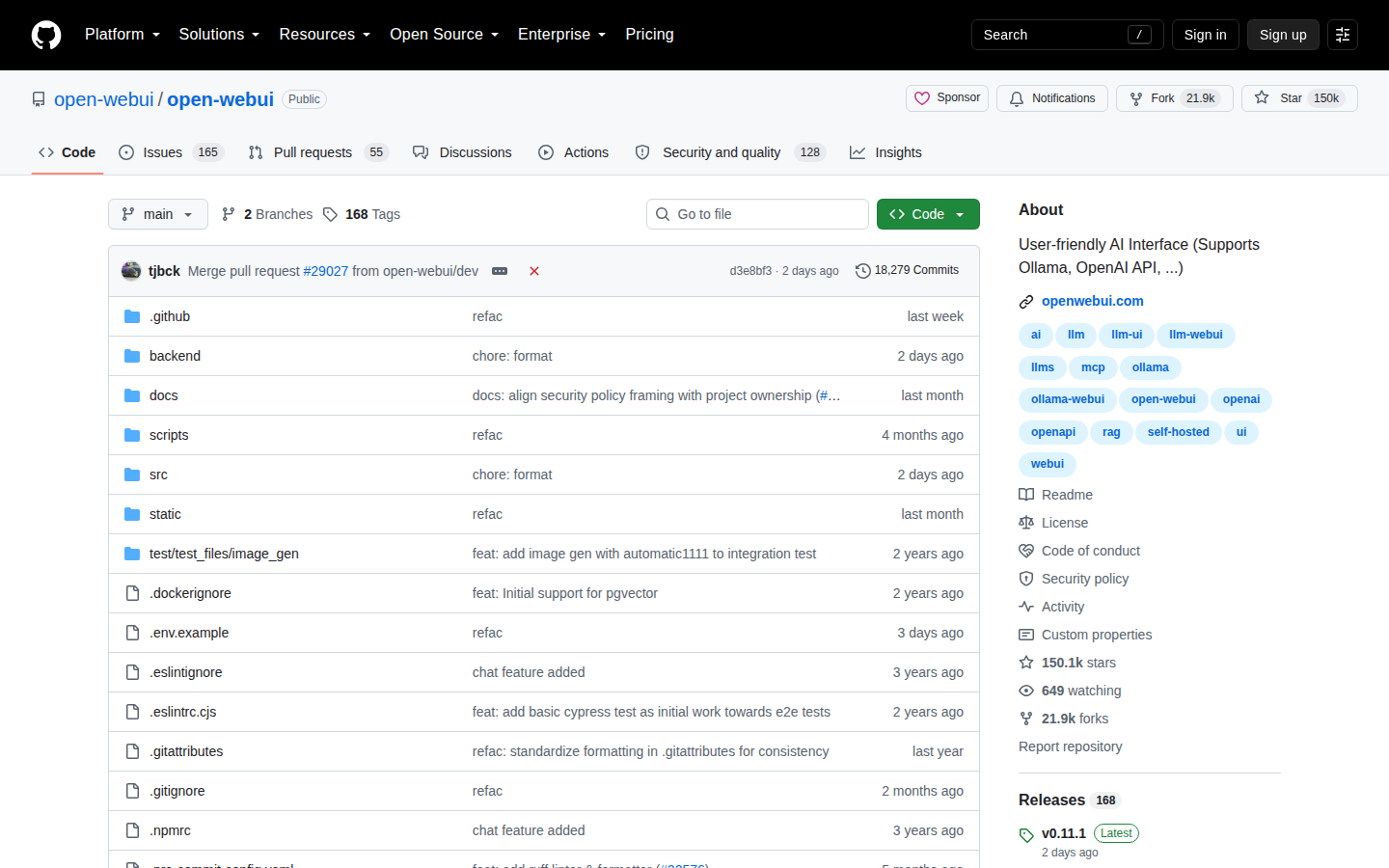 Open WebUI GitHub 首頁頂部(repo 名與 150K 星標)