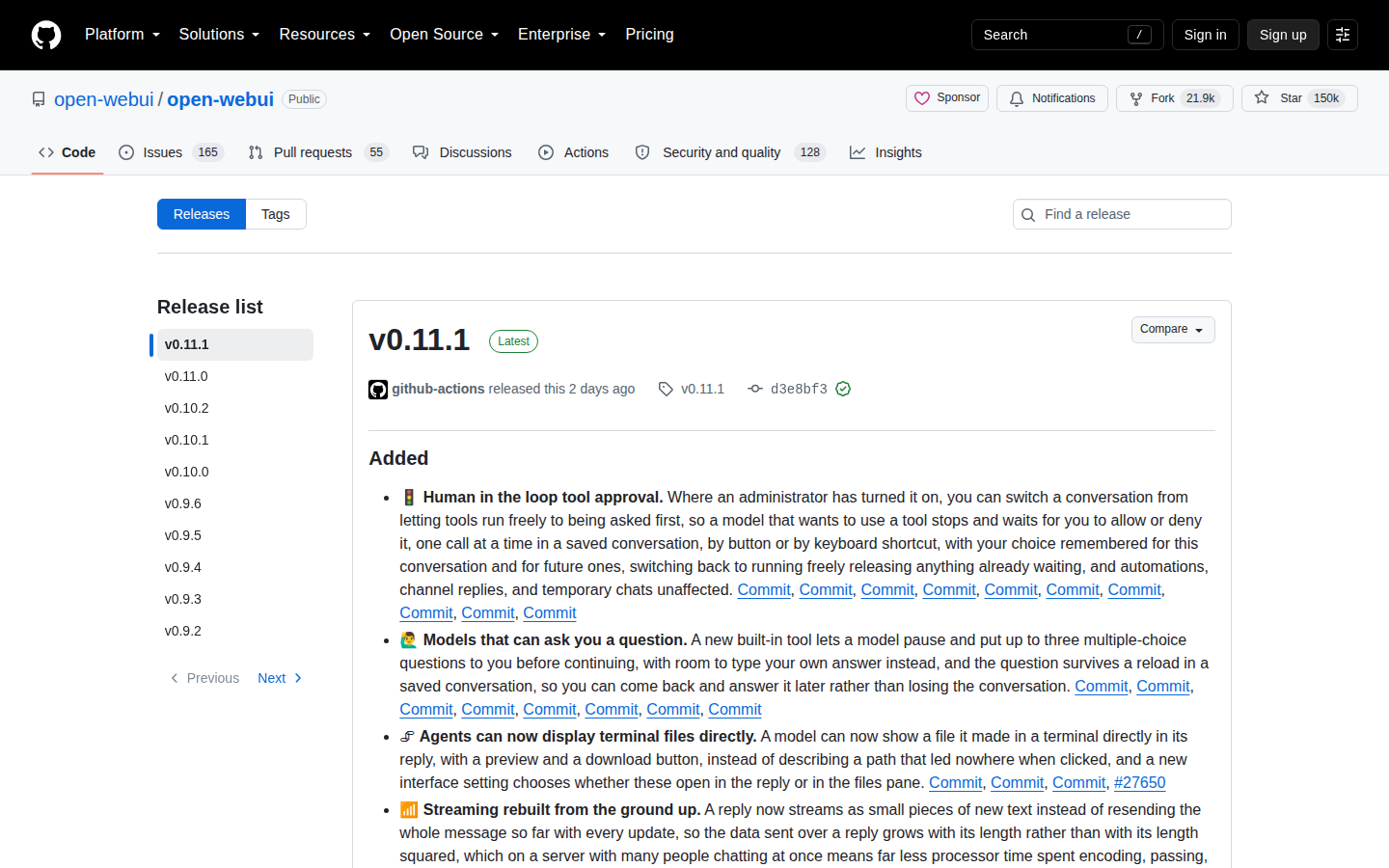 Open WebUI Releases 頁(最新版本 v0.11.1)