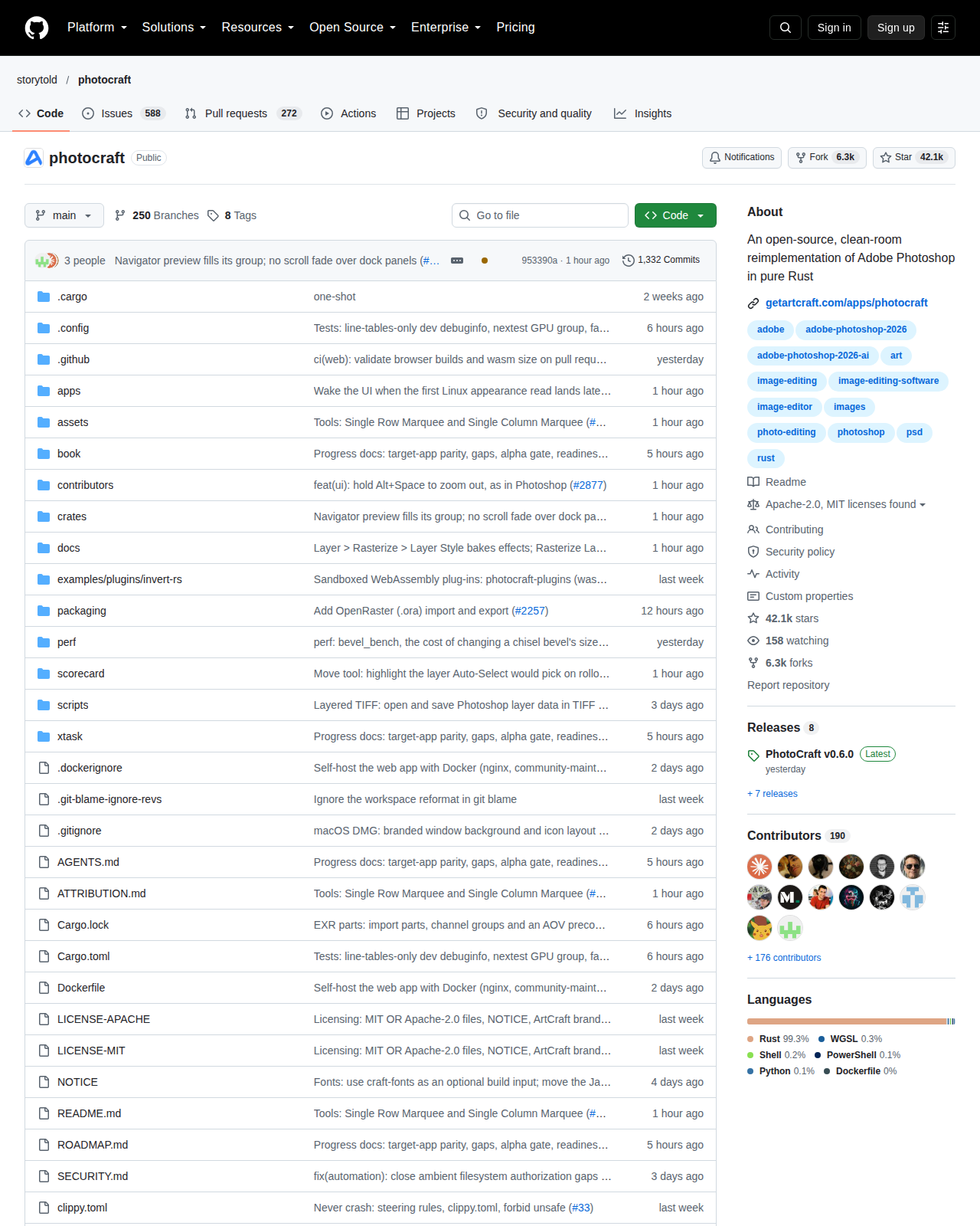PhotoCraft 的 GitHub 儲存庫首頁頂部,顯示儲存庫名稱 storytold/photocraft、專案描述「An open-source, clean-room reimplementation of Adobe Photoshop in pure Rust」與累積星標數字