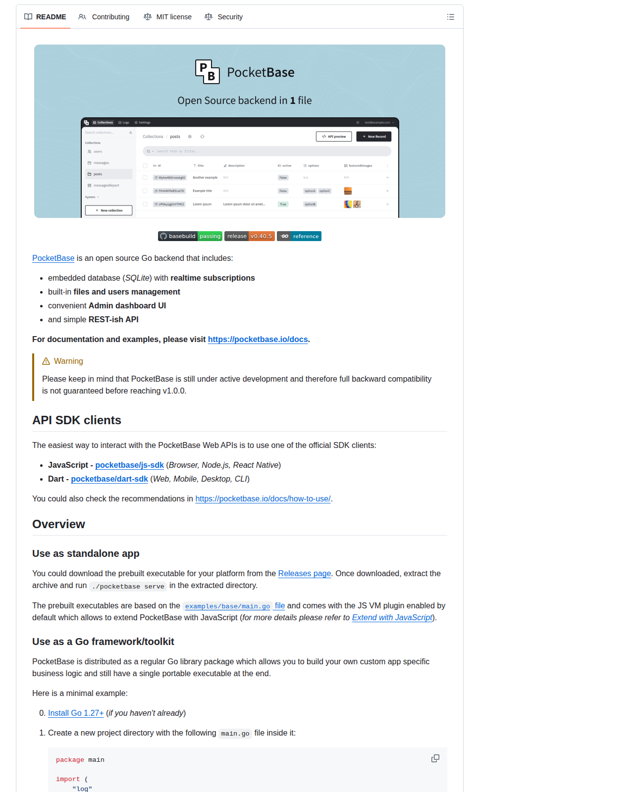 PocketBase 的 GitHub 儲存庫 README 開頭,顯示專案標誌與「PocketBase — open source backend in 1 file」的定位橫幅,下方列出內嵌 SQLite 資料庫、即時訂閱、檔案與使用者管理、管理後台 UI,以及簡潔 REST 風格 API 等核心能力說明